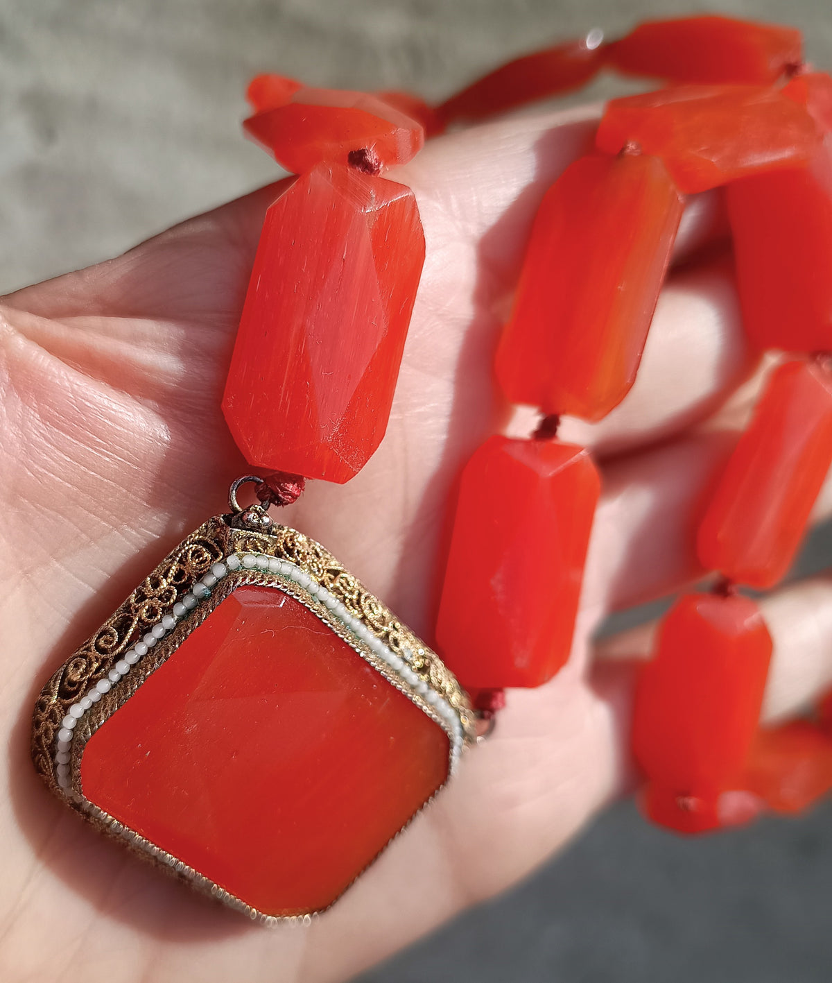 Antique Natural Carnelian Agate Chunky Necklace, Filigree Clasp, Victorian to early Art Deco