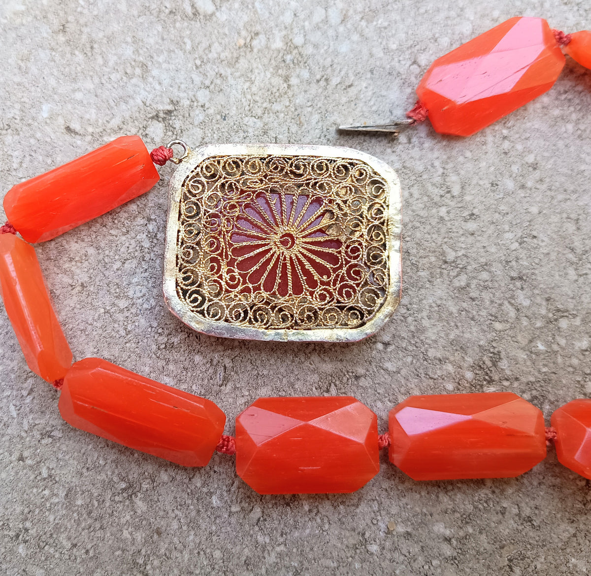 Antique Natural Carnelian Agate Chunky Necklace, Filigree Clasp, Victorian to early Art Deco