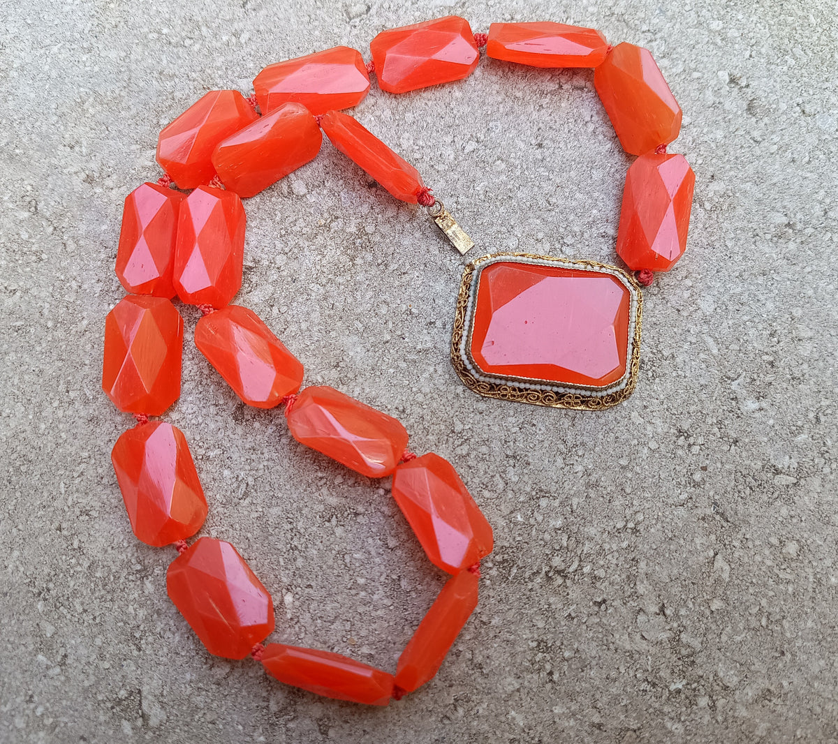 Antique Natural Carnelian Agate Chunky Necklace, Filigree Clasp, Victorian to early Art Deco