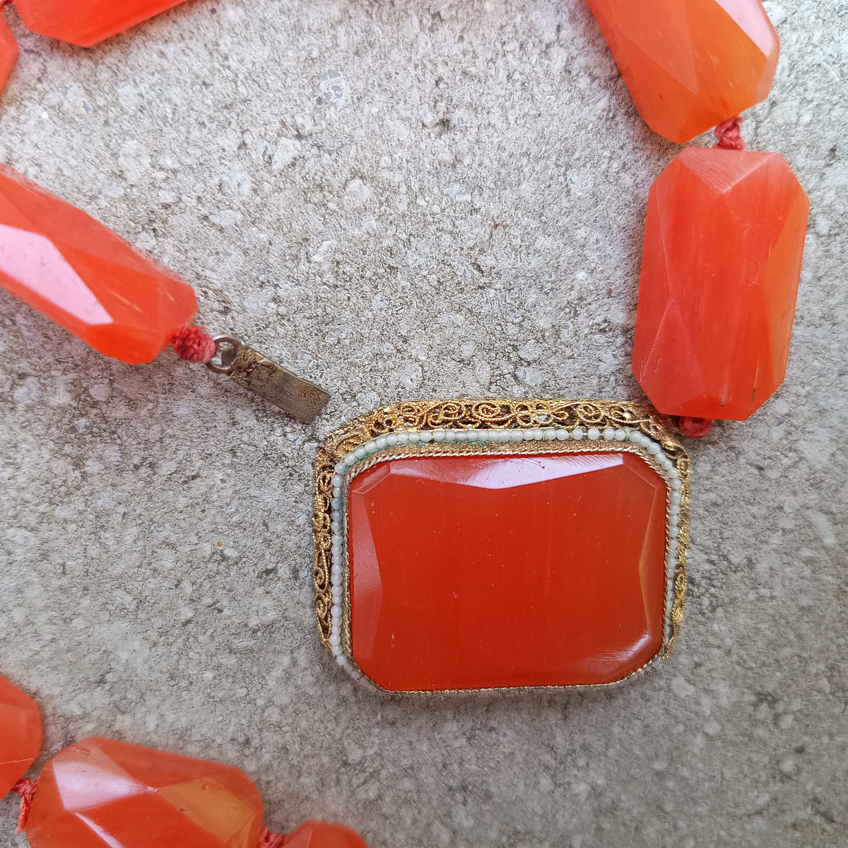 Antique Natural Carnelian Agate Chunky Necklace, Filigree Clasp, Victorian to early Art Deco