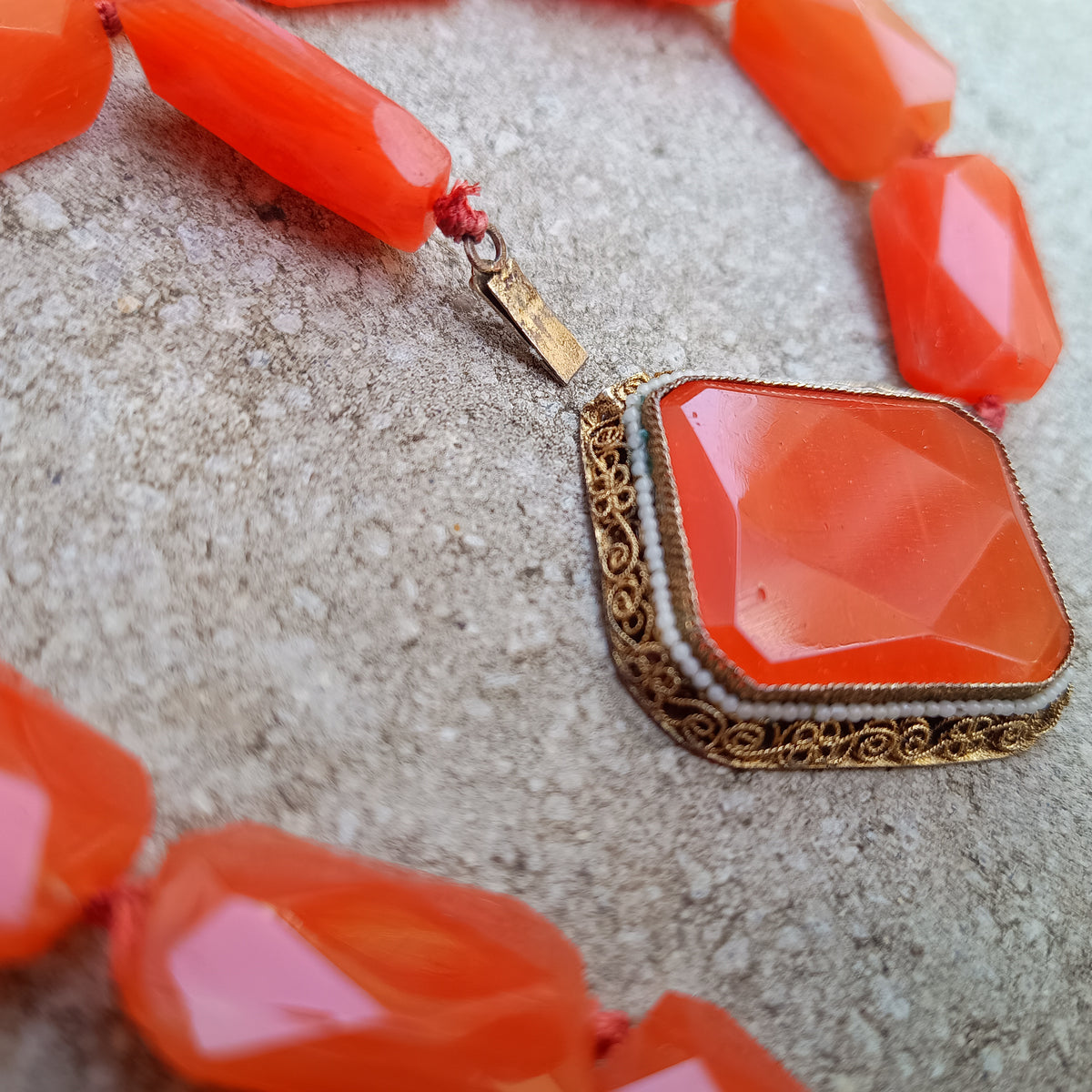 Antique Natural Carnelian Agate Chunky Necklace, Filigree Clasp, Victorian to early Art Deco