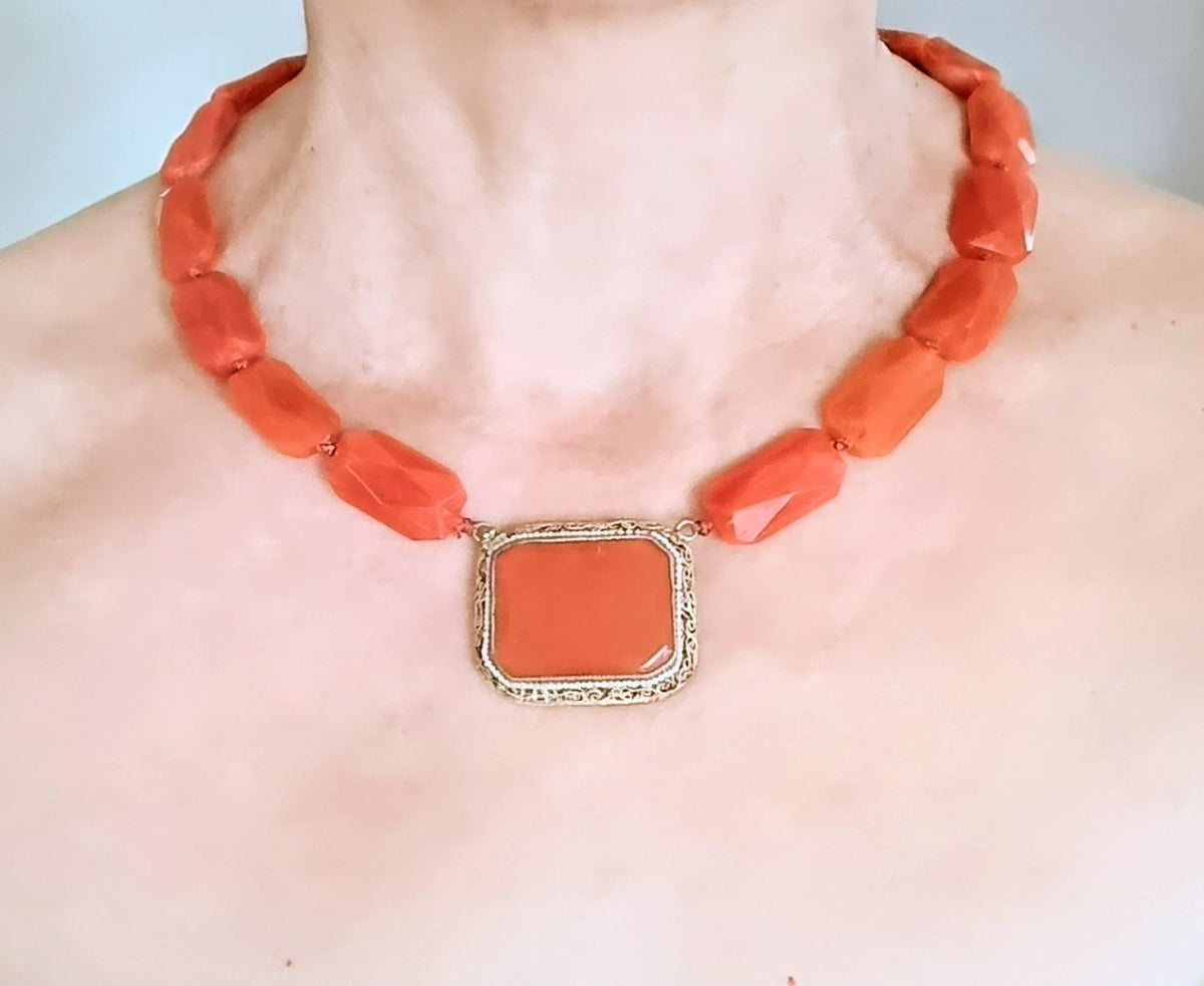 Antique Natural Carnelian Agate Chunky Necklace, Filigree Clasp, Victorian to early Art Deco