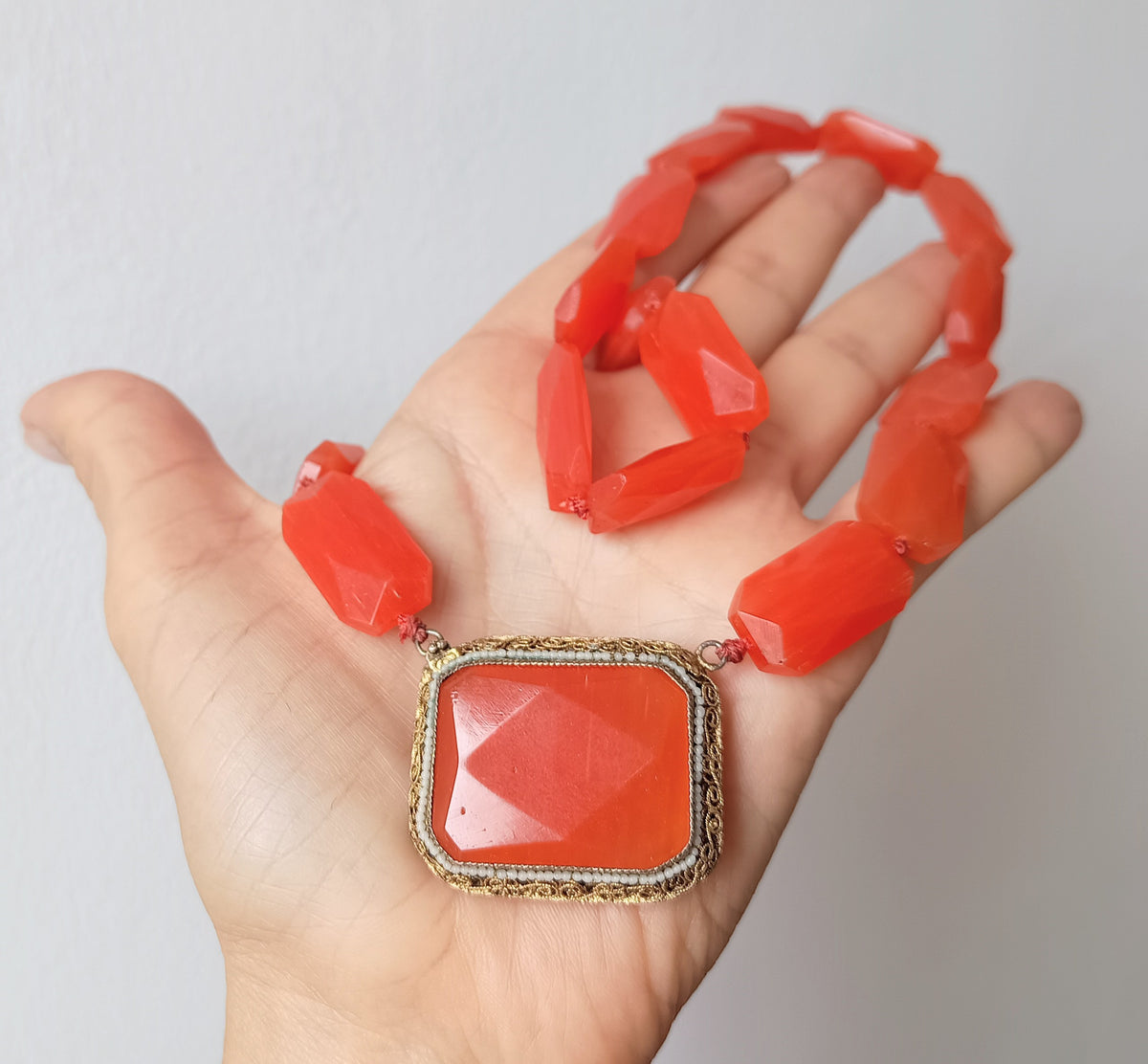 Antique Natural Carnelian Agate Chunky Necklace, Filigree Clasp, Victorian to early Art Deco
