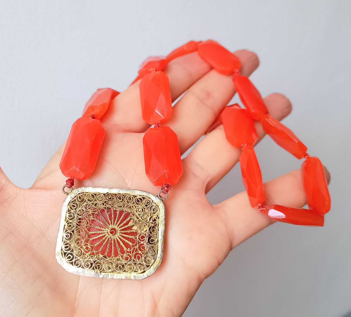 Antique Natural Carnelian Agate Chunky Necklace, Filigree Clasp, Victorian to early Art Deco