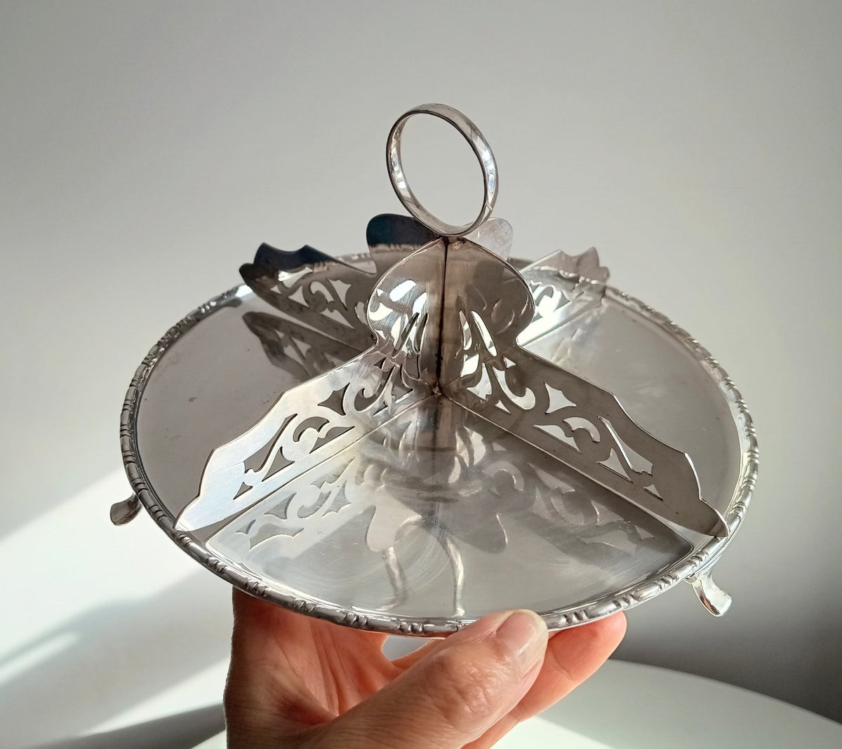 Antique English Silver Plate Afternoon Tea Sandwiches / Cake Stand, Reticulated Dividers