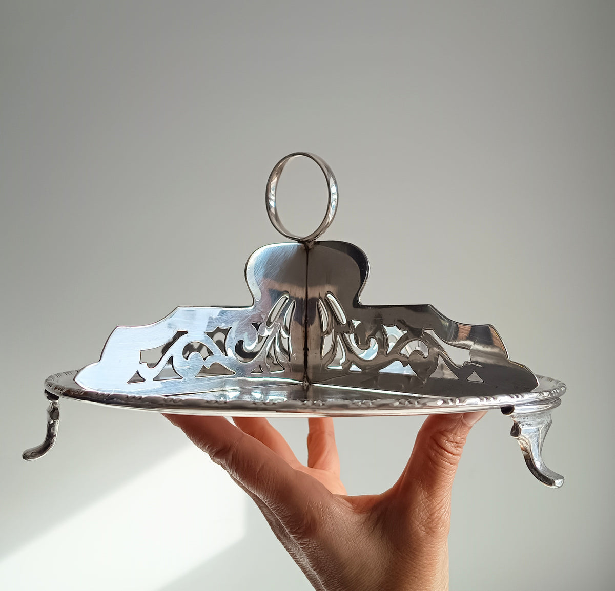 Antique English Silver Plate Afternoon Tea Sandwiches / Cake Stand, Reticulated Dividers