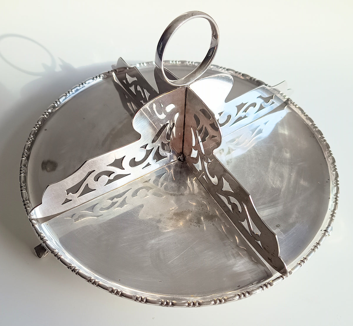 Antique English Silver Plate Afternoon Tea Sandwiches / Cake Stand, Reticulated Dividers