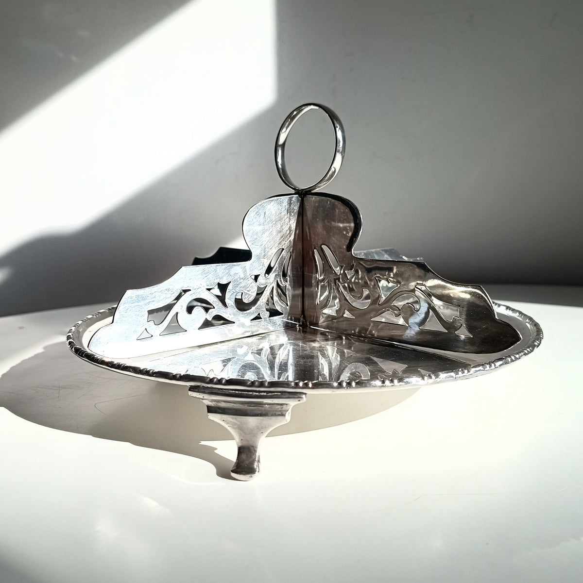 Antique English Silver Plate Afternoon Tea Sandwiches / Cake Stand, Reticulated Dividers