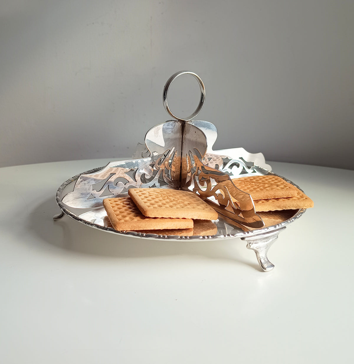 Antique English Silver Plate Afternoon Tea Sandwiches / Cake Stand, Reticulated Dividers