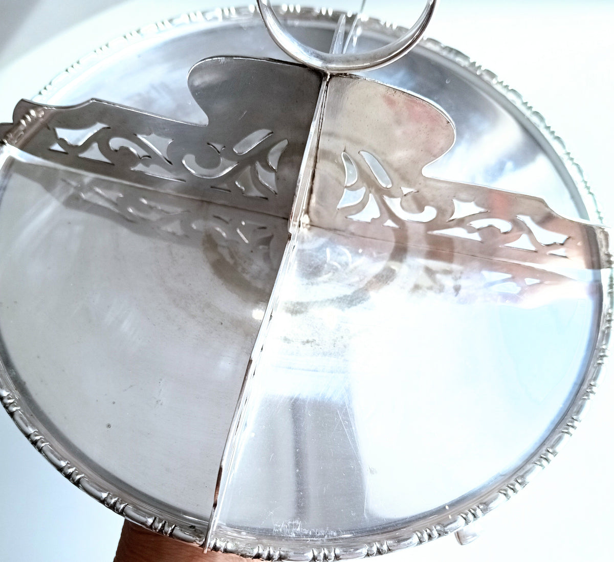 Antique English Silver Plate Afternoon Tea Sandwiches / Cake Stand, Reticulated Dividers