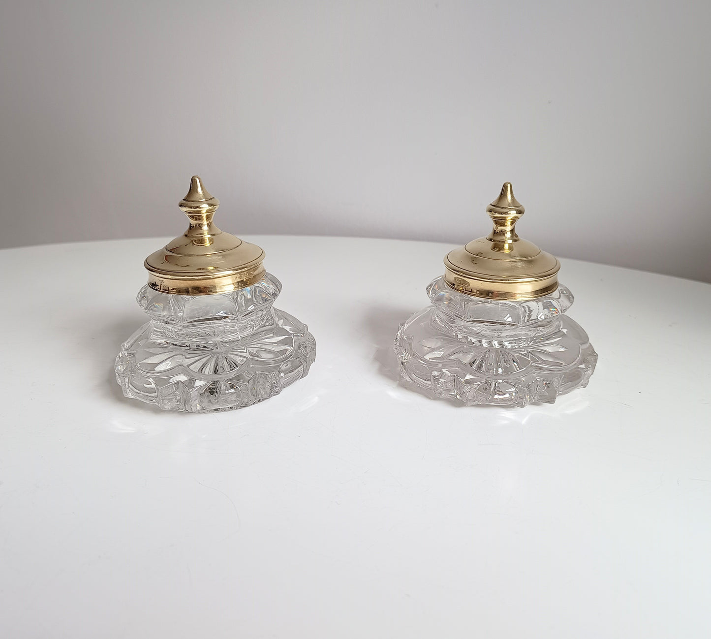 Pair of Antique Russian Pressed Cut Glass Inkwells “Maltsov” | Goose-Crystalni Factory | Circa Late 19th Century