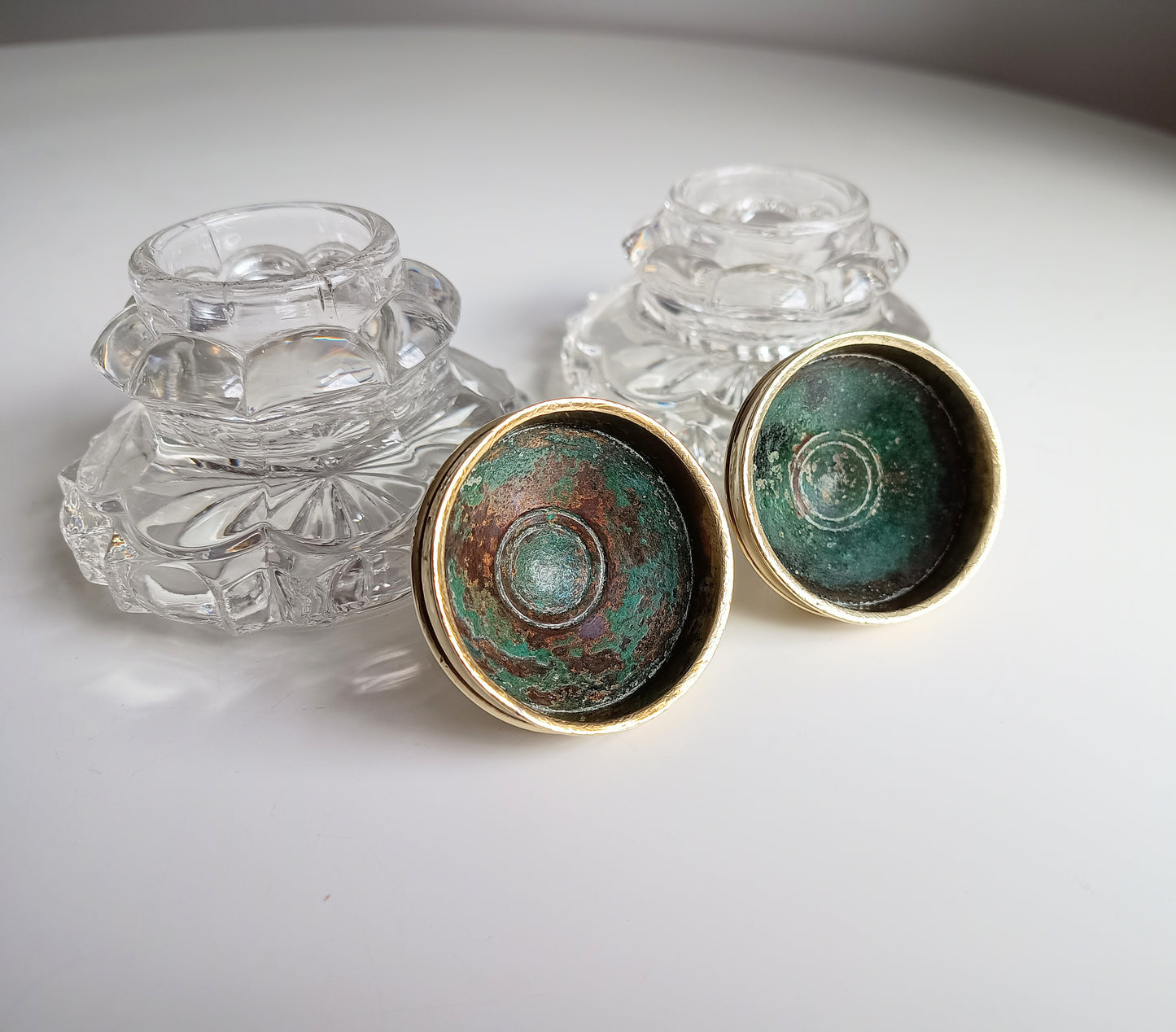 Pair of Antique Russian Pressed Cut Glass Inkwells “Maltsov” | Goose-Crystalni Factory | Circa Late 19th Century