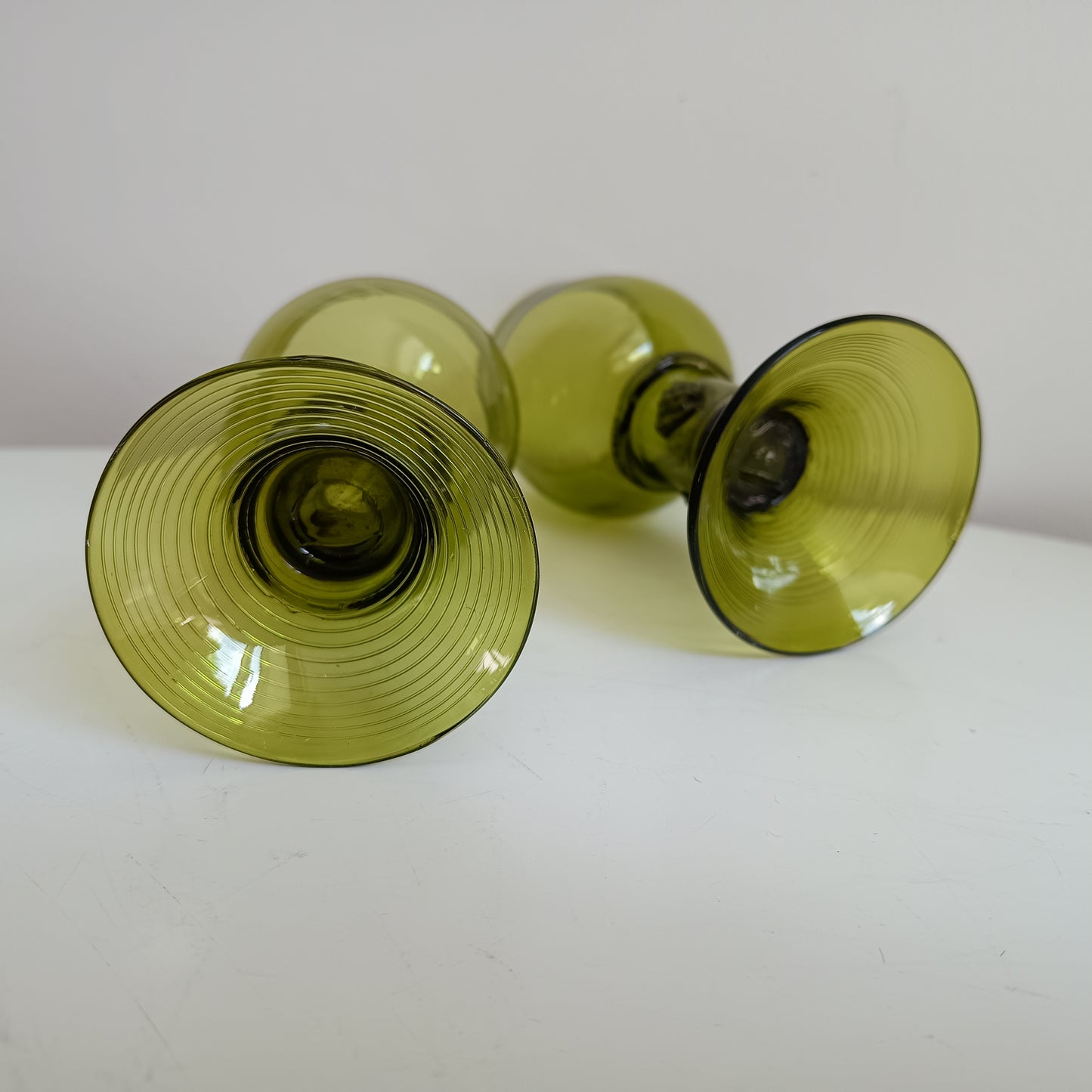 Pair of Hand Blown Olive Green Crystal Rummer or Roemer Glasses for White Wine Glasses – Georgian Style, Raspberry Prunts & Spiral Decor
