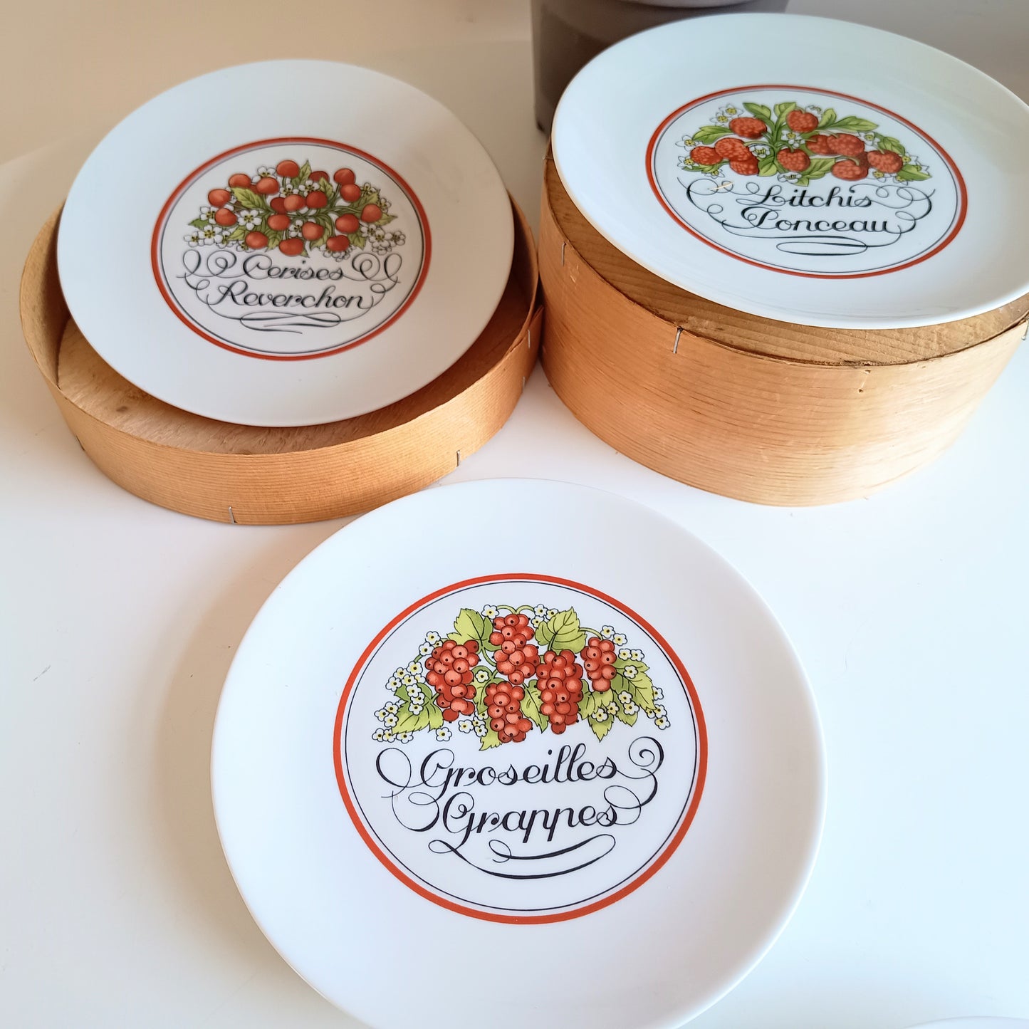 1970s Boxed French Vintage Porcelain Plates Red Fruits Porcelaine D'Auteuil