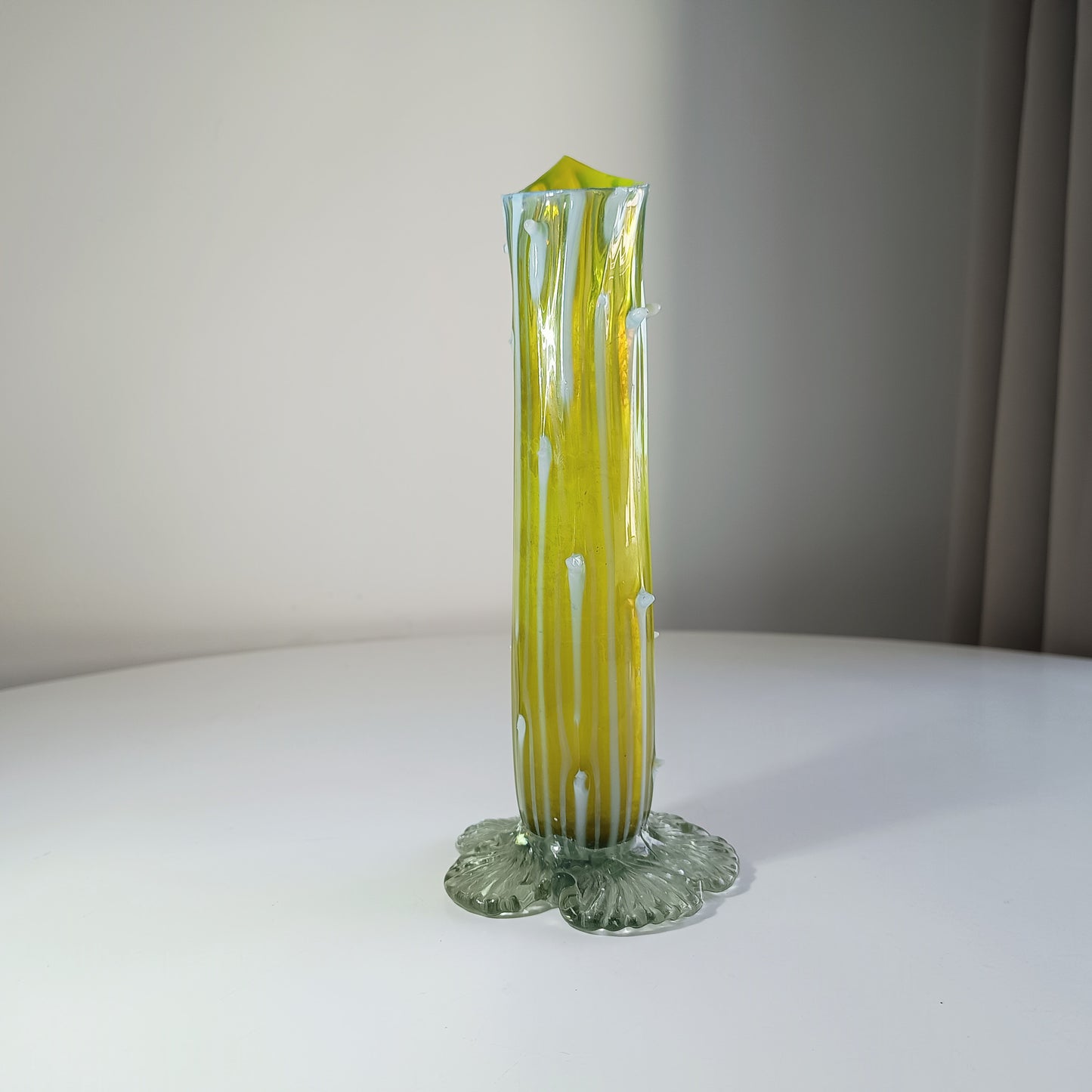 Victorian Art Nouveau Citrine Thorn Glass Vase Bohemia c.1890–1900 Opalescent Accents & Leaf Base