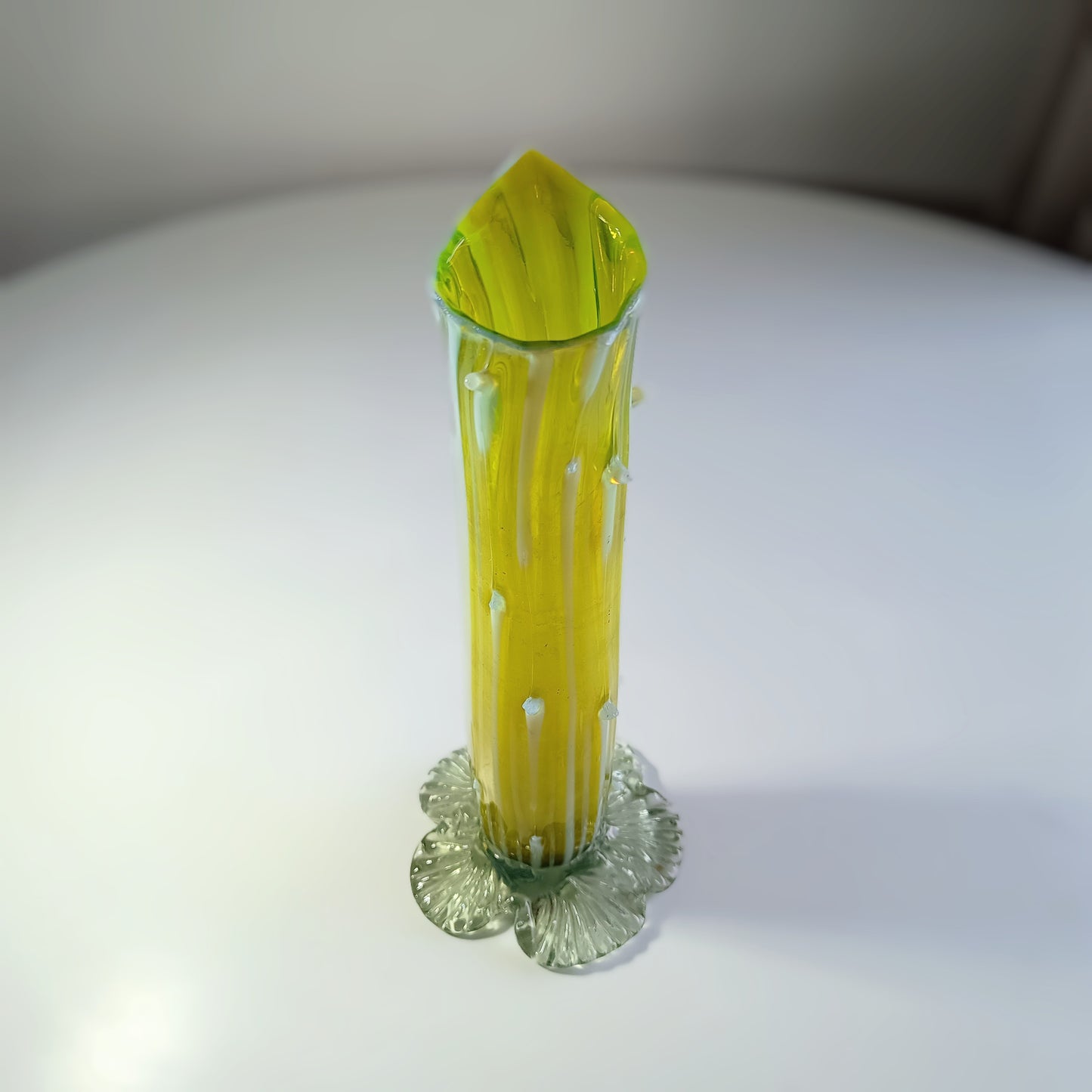 Victorian Art Nouveau Citrine Thorn Glass Vase Bohemia c.1890–1900 Opalescent Accents & Leaf Base