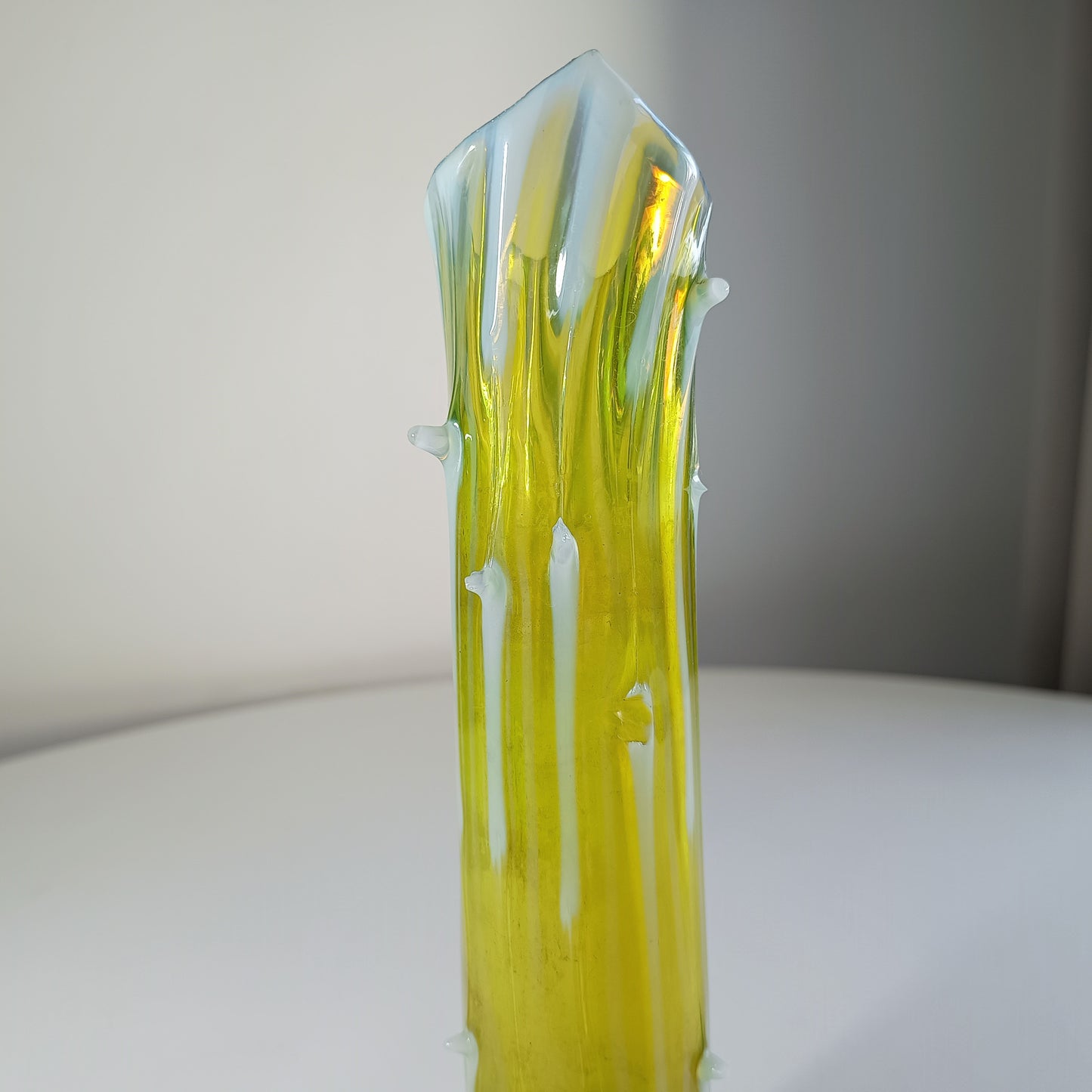 Victorian Art Nouveau Citrine Thorn Glass Vase Bohemia c.1890–1900 Opalescent Accents & Leaf Base