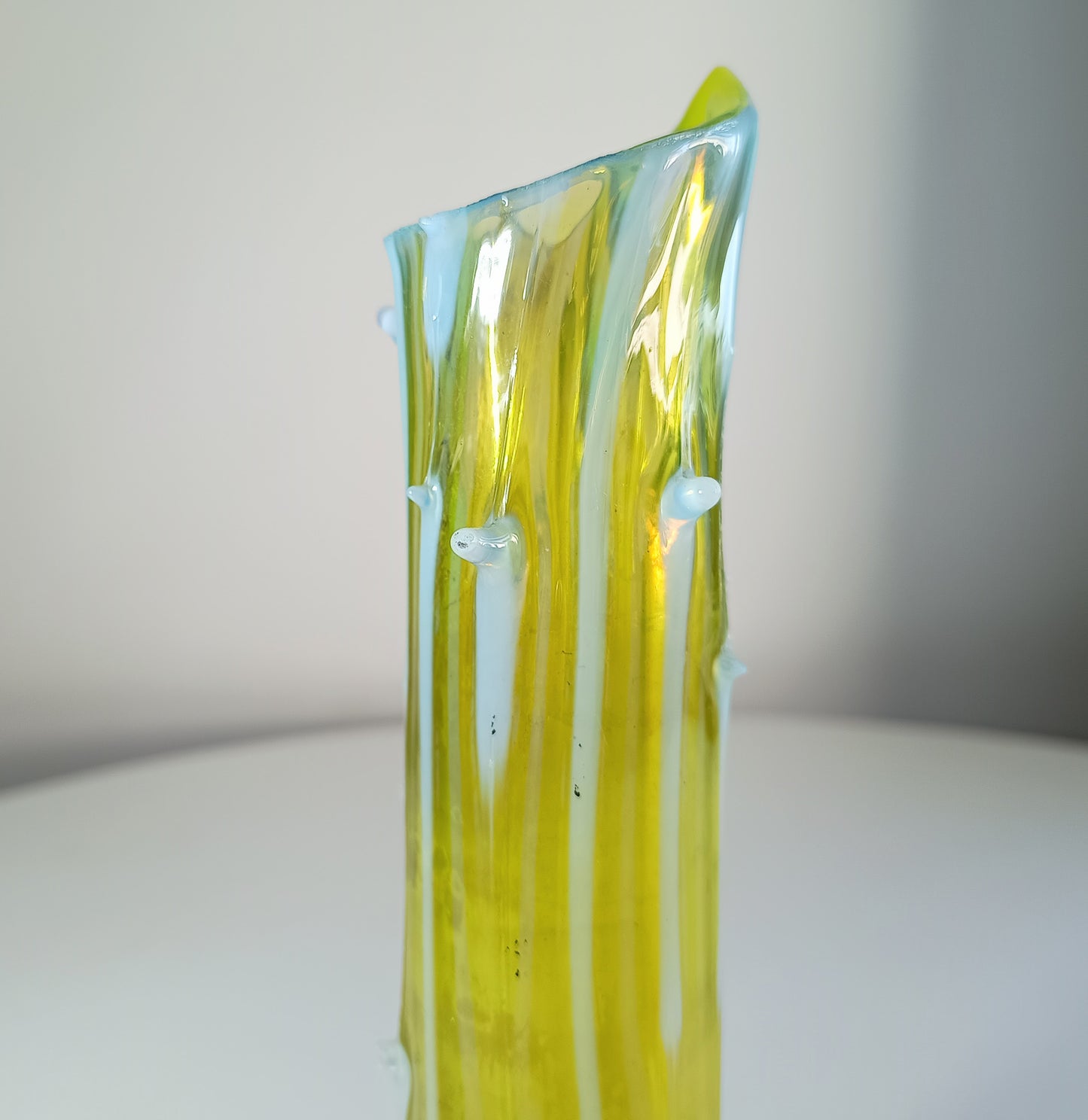 Victorian Art Nouveau Citrine Thorn Glass Vase Bohemia c.1890–1900 Opalescent Accents & Leaf Base