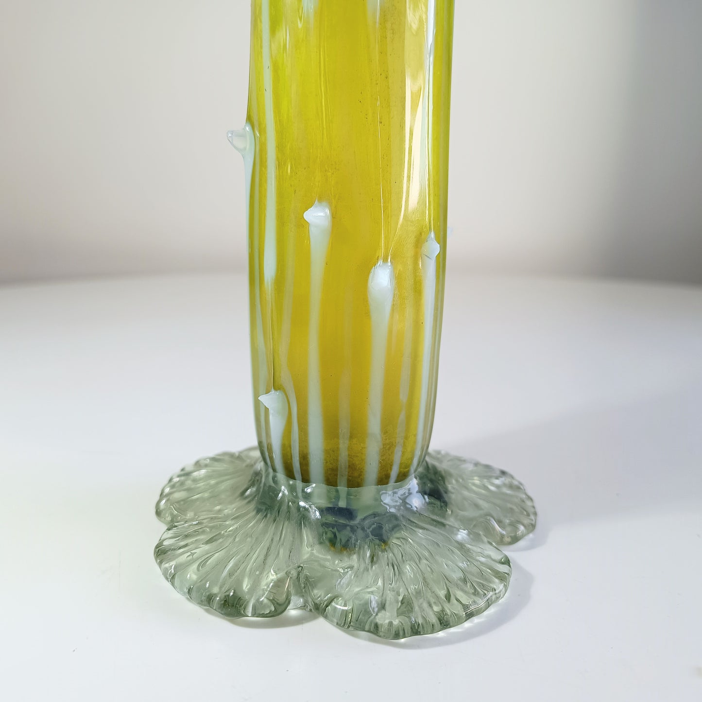 Victorian Art Nouveau Citrine Thorn Glass Vase Bohemia c.1890–1900 Opalescent Accents & Leaf Base