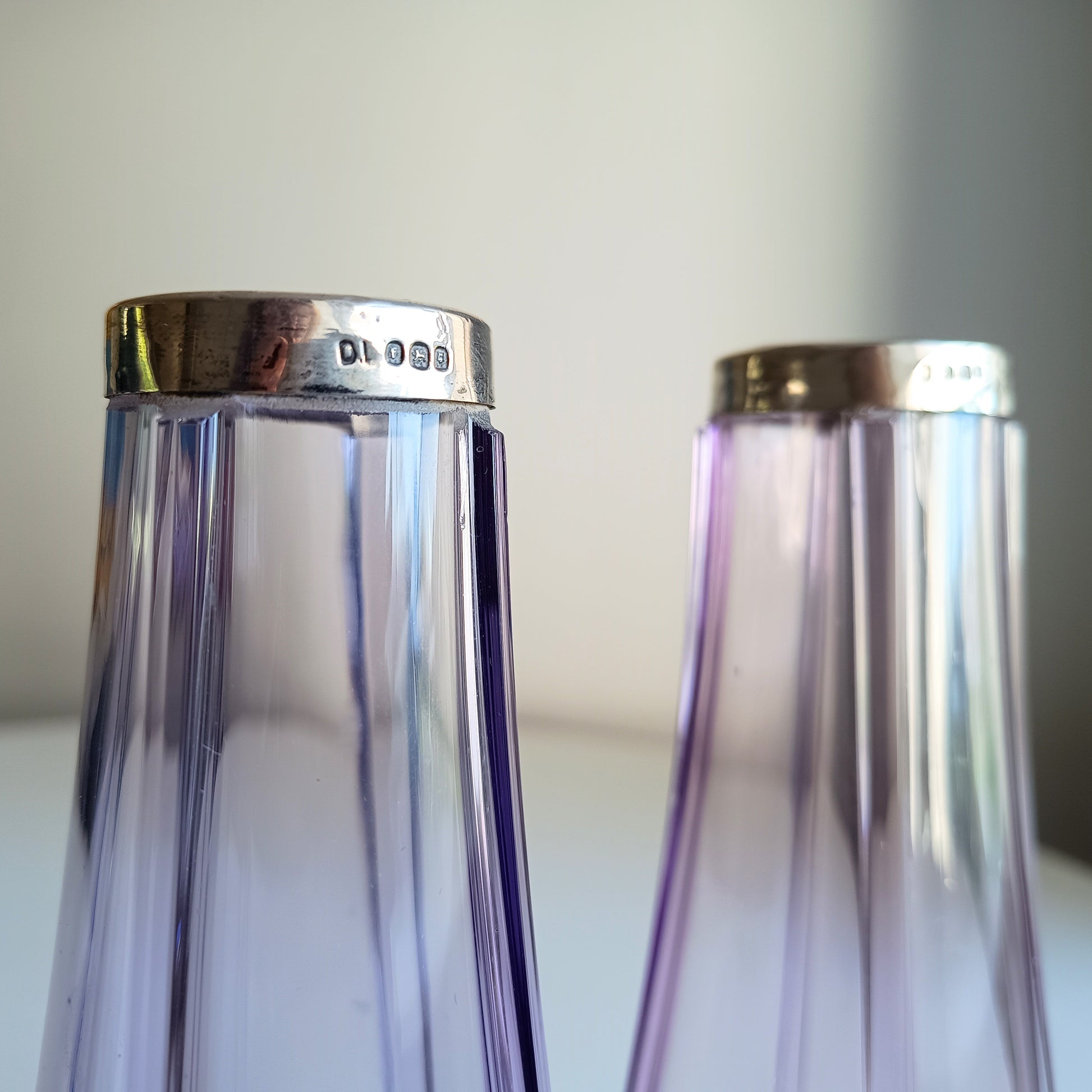 Antique Pair of Bohemia Export Amethyst Purple Glass Vases, London Hallmarked to David Loebl, Schindler,  Sterling Silver Collars 1920s