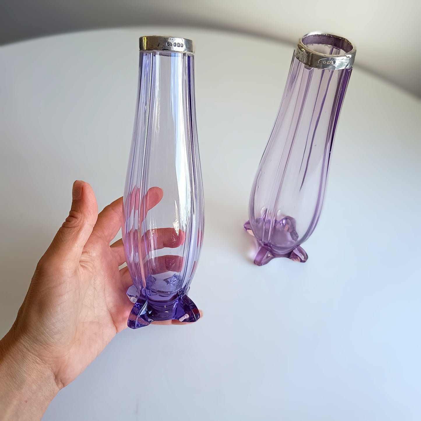 Antique Pair of Bohemia Export Amethyst Purple Glass Vases, London Hallmarked to David Loebl, Schindler,  Sterling Silver Collars 1920s