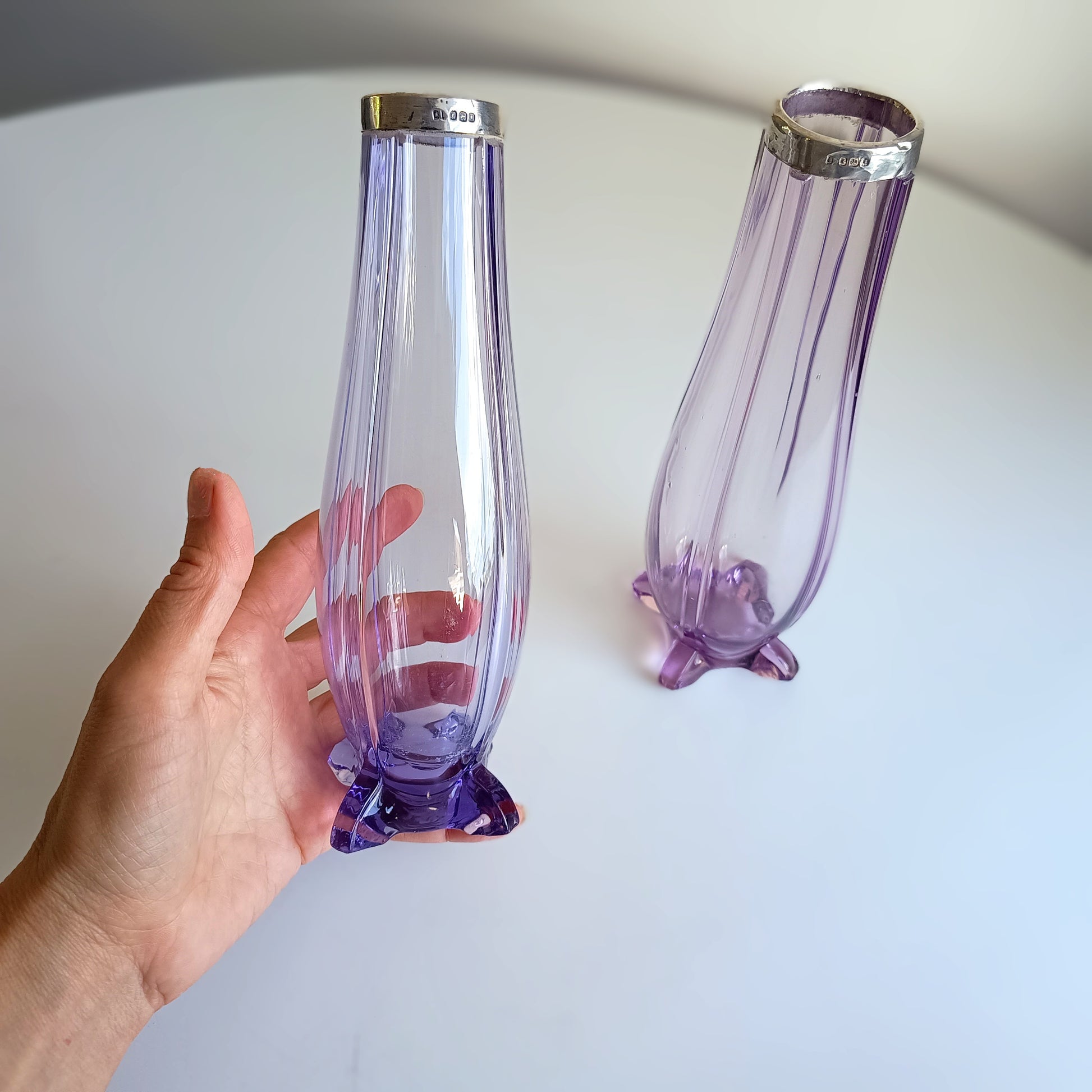 Antique Pair of Bohemia Export Amethyst Purple Glass Vases, London Hallmarked to David Loebl, Schindler,  Sterling Silver Collars 1920s