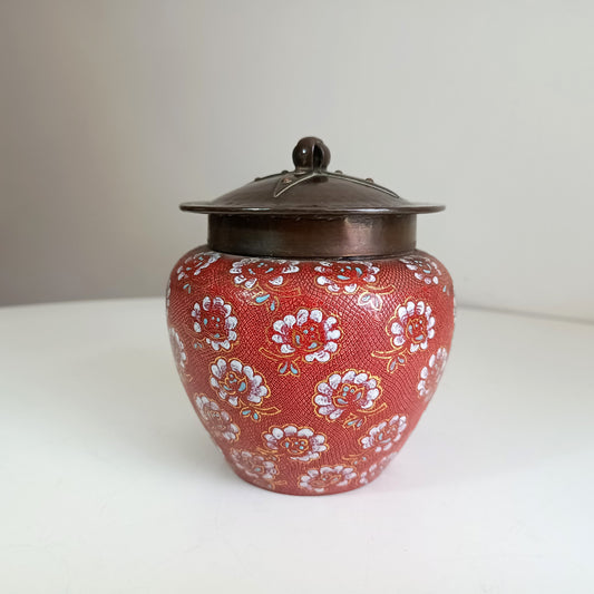 Vintage Doulton Lambeth Tobacco Jar Hammered Bronze Lid Riveted Strips Arts and Crafts 1890