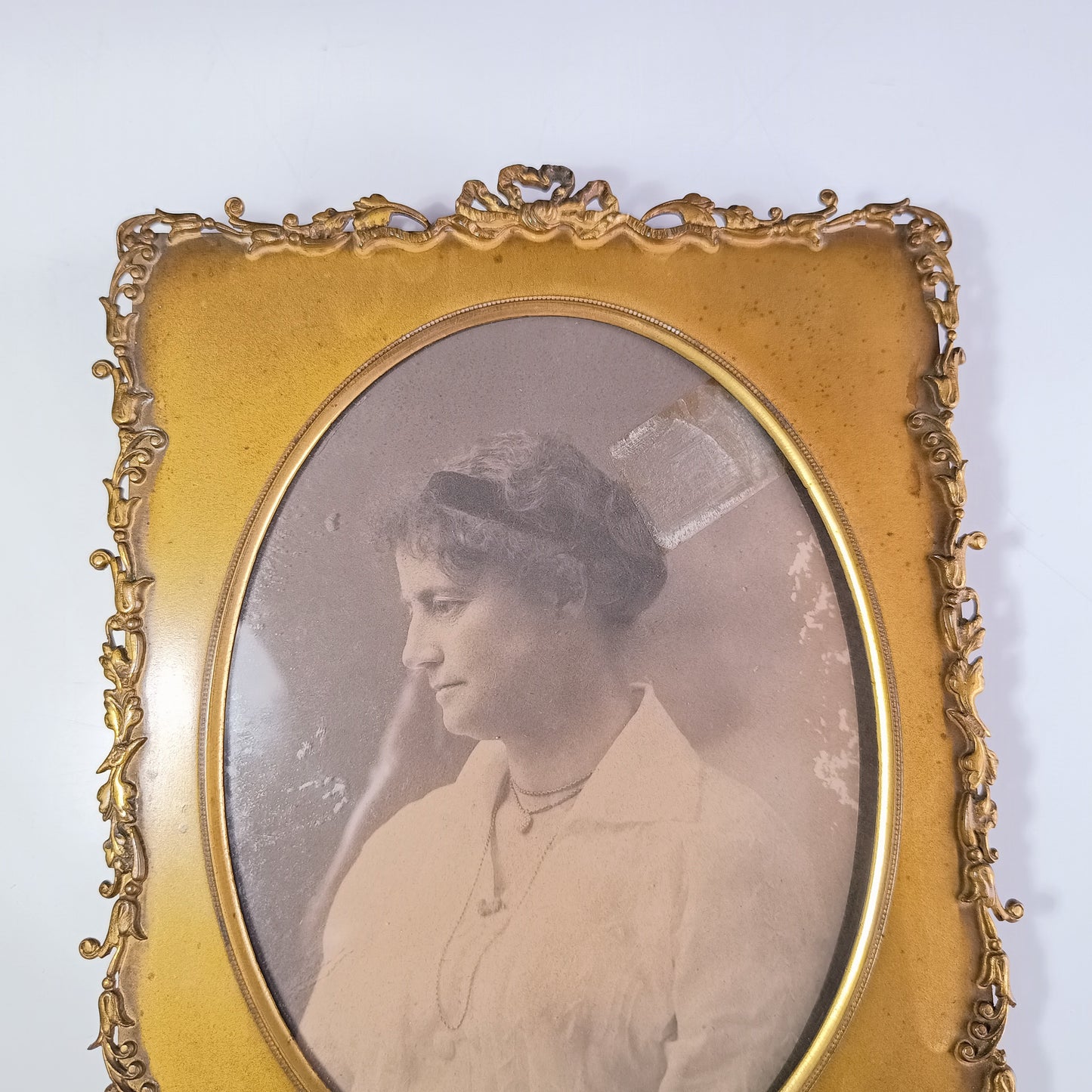 Antique French Gilt Brass Picture Frame with 1900 Photographic Portrait of an Edwardian Lady – Velvet Back and Dore Bronze Easel Stand