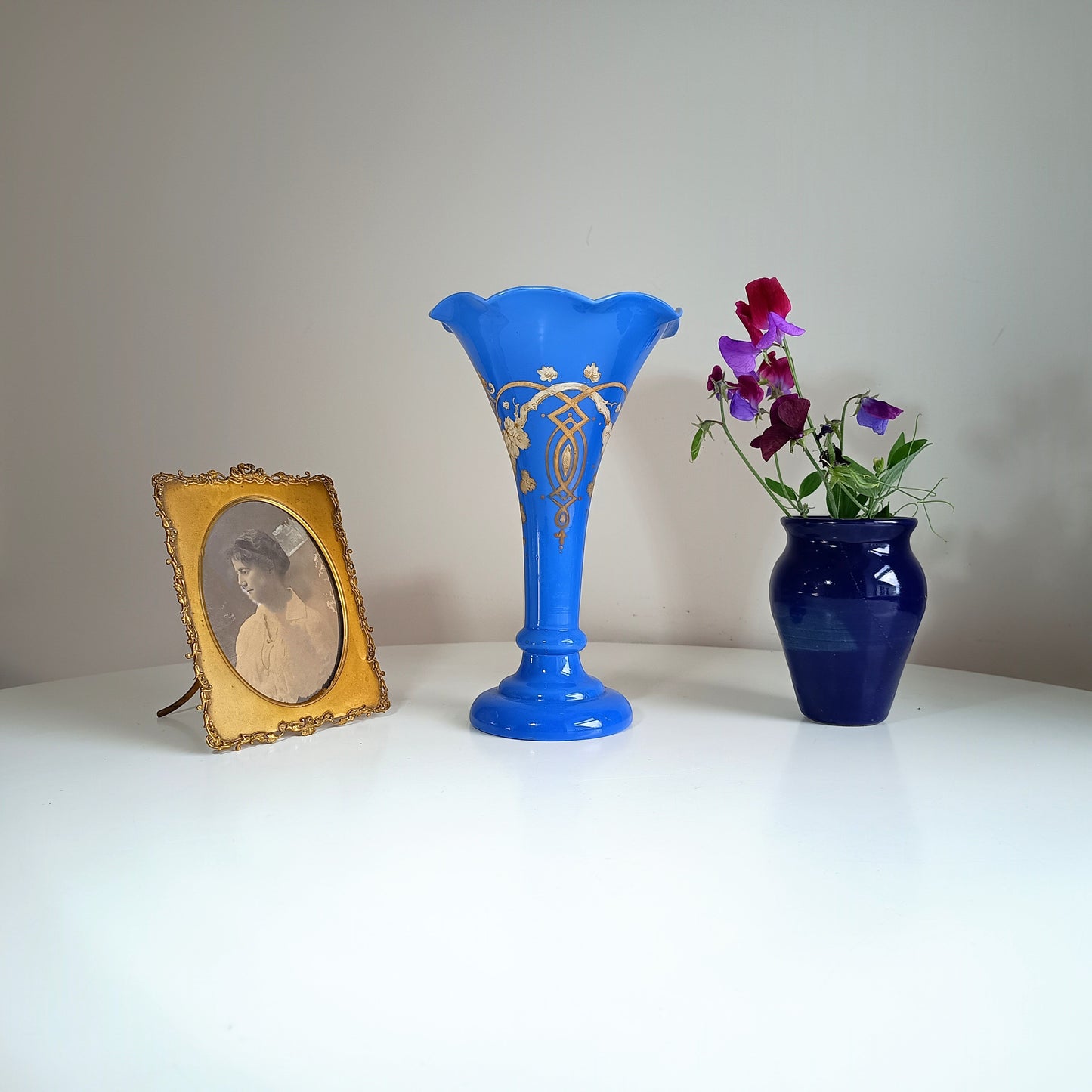 Art Nouveau Celeste Blue Opaline Glass Trumpet Vase in the style of Harrach, Bohemia, 1880-1900