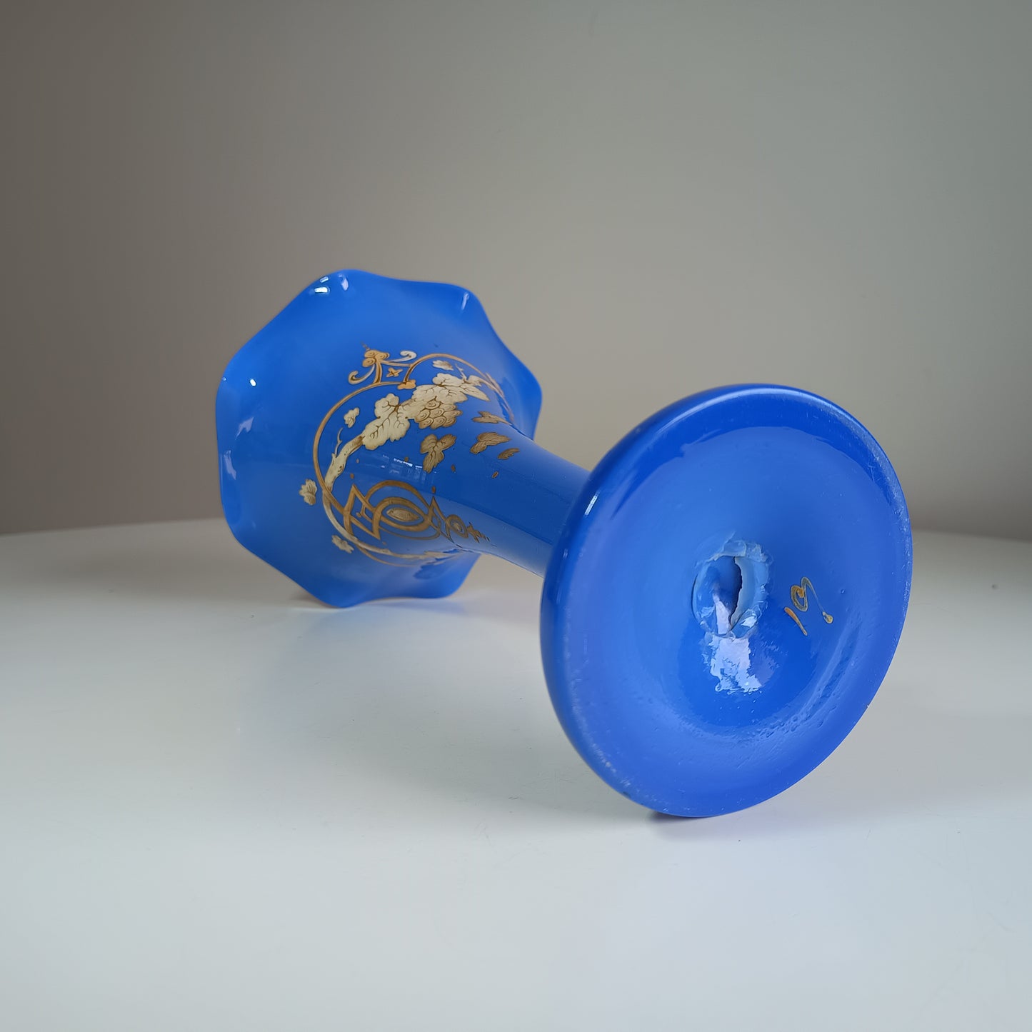 Art Nouveau Celeste Blue Opaline Glass Trumpet Vase in the style of Harrach, Bohemia, 1880-1900