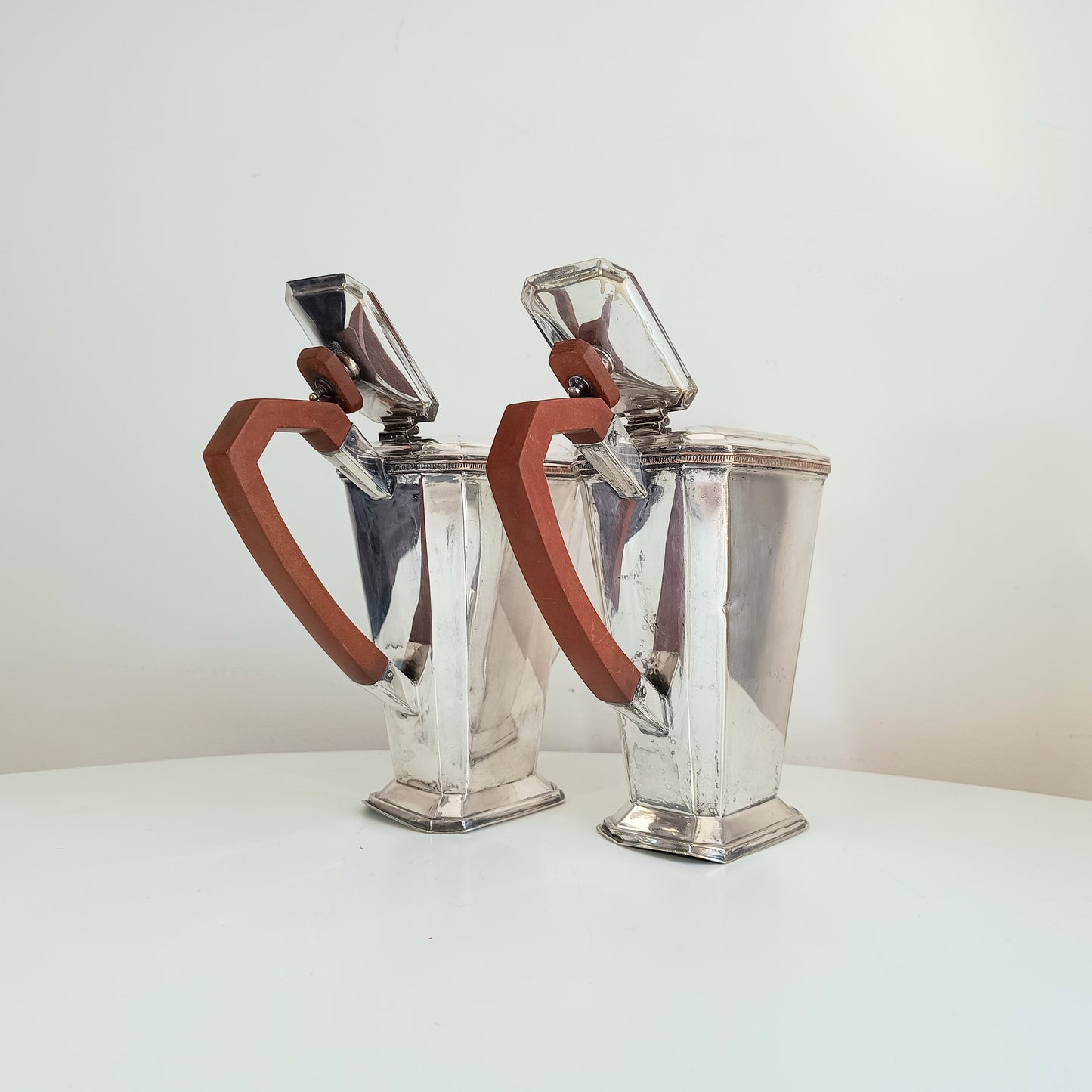 Pair of 20th-century Art  Coffee Pots Geometric Bakelite Handles