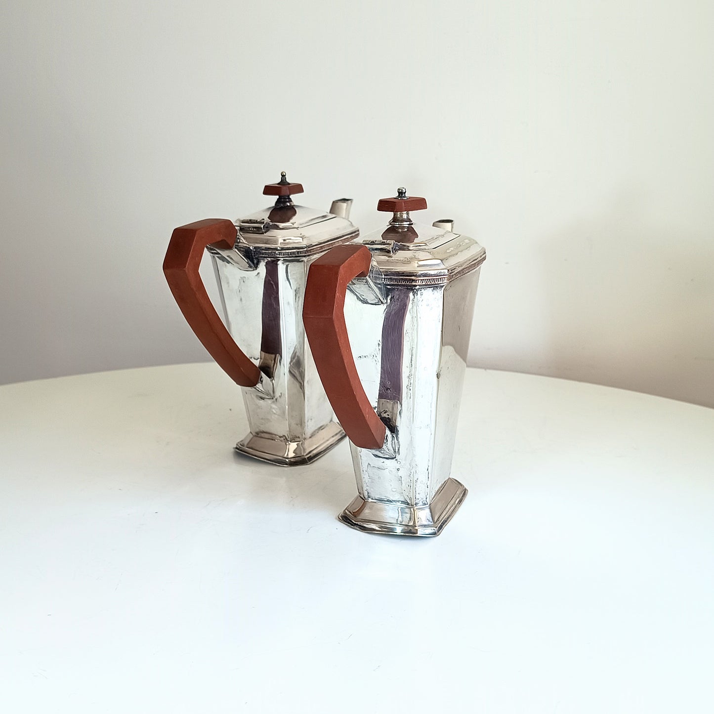 Pair of 20th-century Art  Coffee Pots Geometric Bakelite Handles