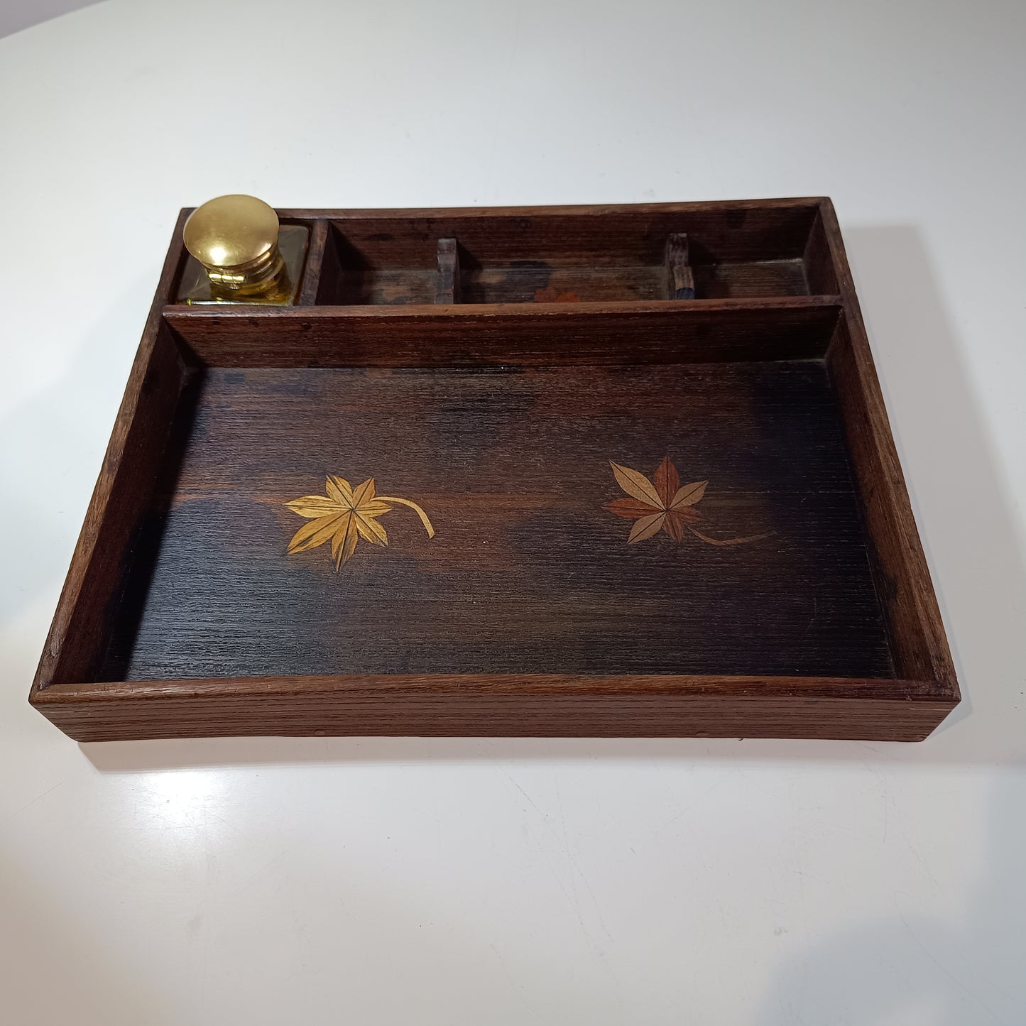 Quality French Belle Epoque Japonisme Desk Tidy Wooden Inlay Pen Stand with Yellow Glass Ink Bottle and Embossed Leather Blotter 1890s