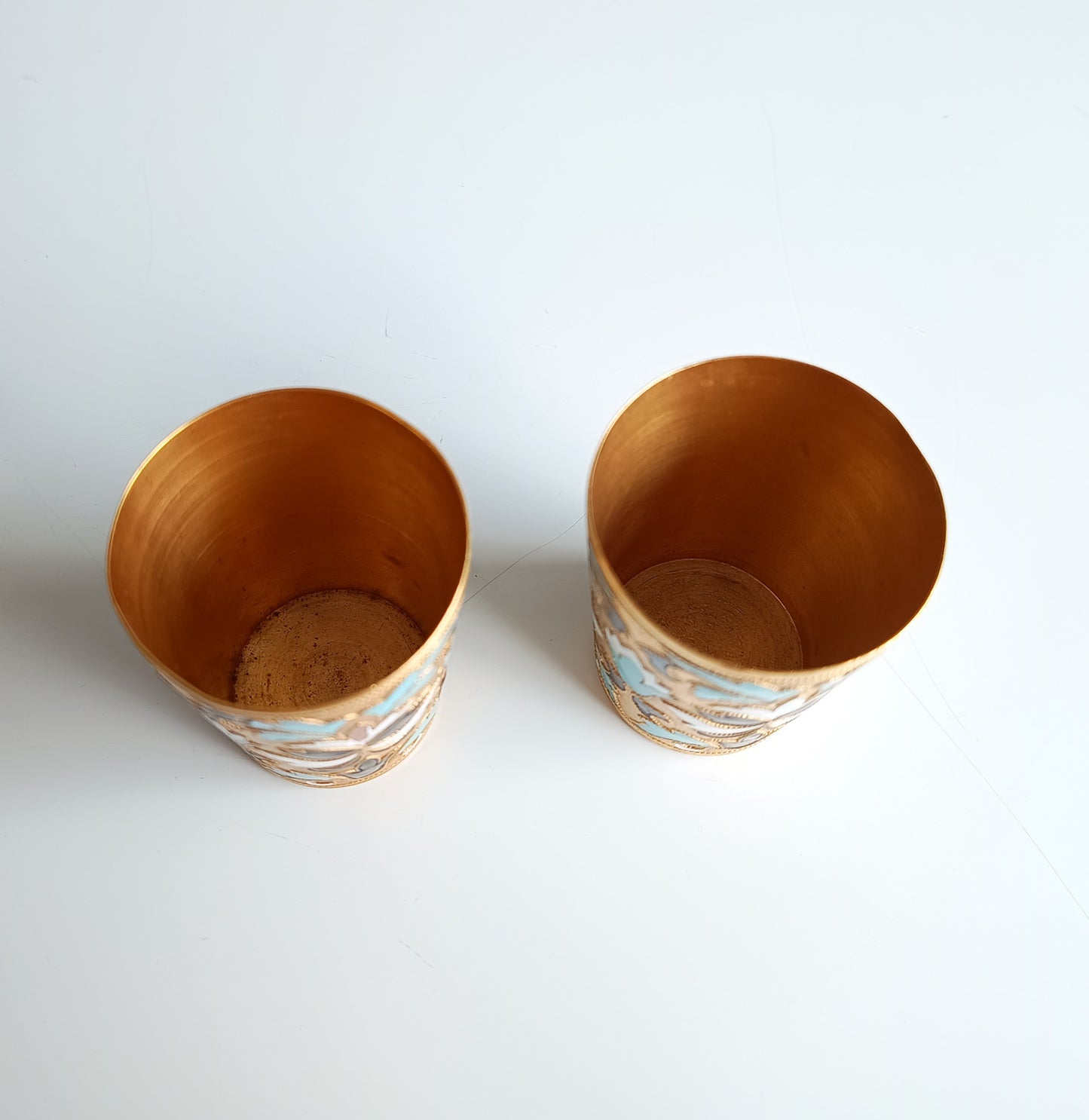 Vintage Russian USSR Cloisonne Enamelled Gilt Brass Fabergé Style Shot Glasses Beakers by Leningrad Jewellery Factory 1960s