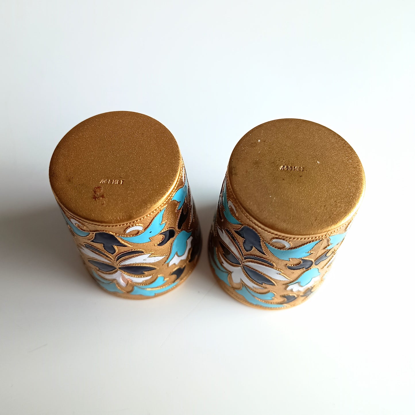 Vintage Russian USSR Cloisonne Enamelled Gilt Brass Fabergé Style Shot Glasses Beakers by Leningrad Jewellery Factory 1960s