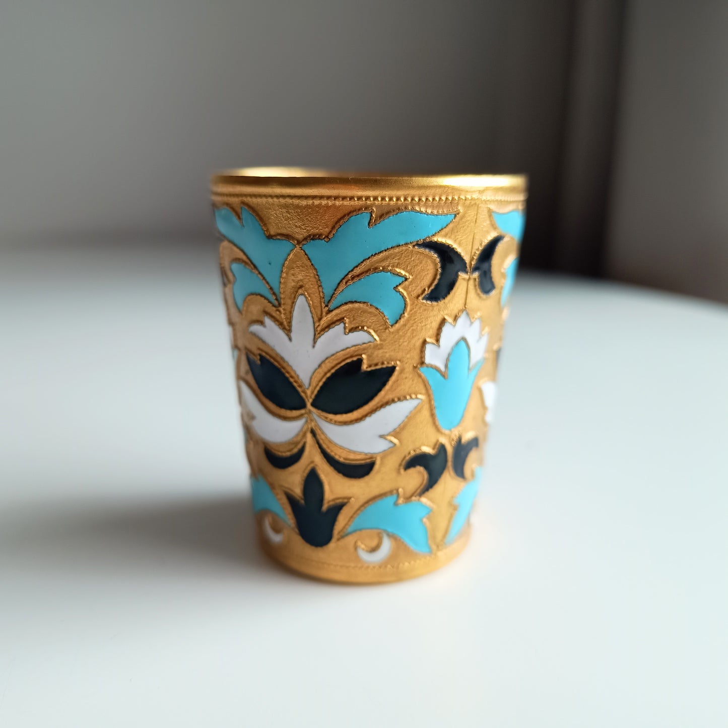 Vintage Russian USSR Cloisonne Enamelled Gilt Brass Fabergé Style Shot Glasses Beakers by Leningrad Jewellery Factory 1960s