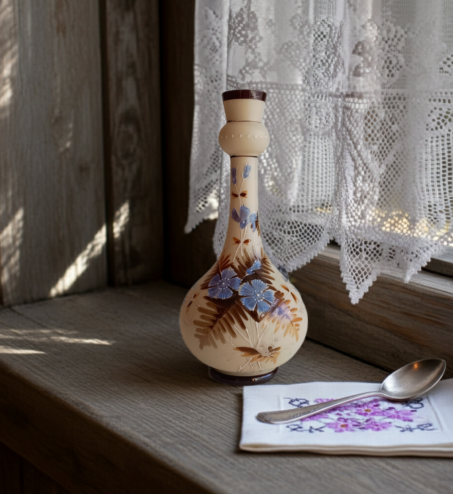 Art Nouveau Enamelled Satin Glass Vase: Cornflowers Decor, Bohemia c1890s