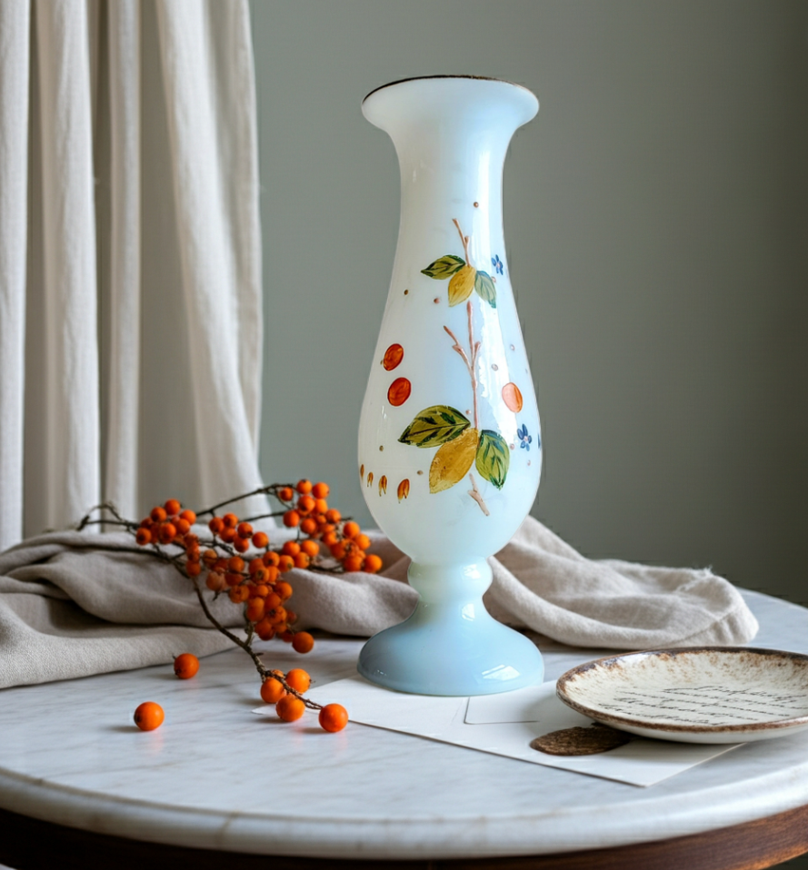 Art Nouveau Enamelled White Opaline Glass Vase: Aesthetic Movement, Berries Decor, Bohemia