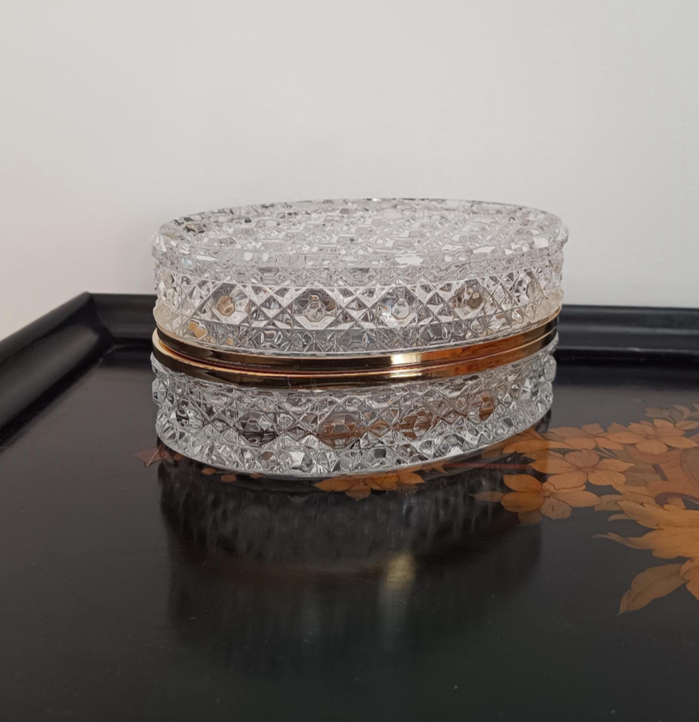 Good Quality Vintage French Cut Lead Glass and Brass Jewellery Box Baccarat Style Diamants Pierreries