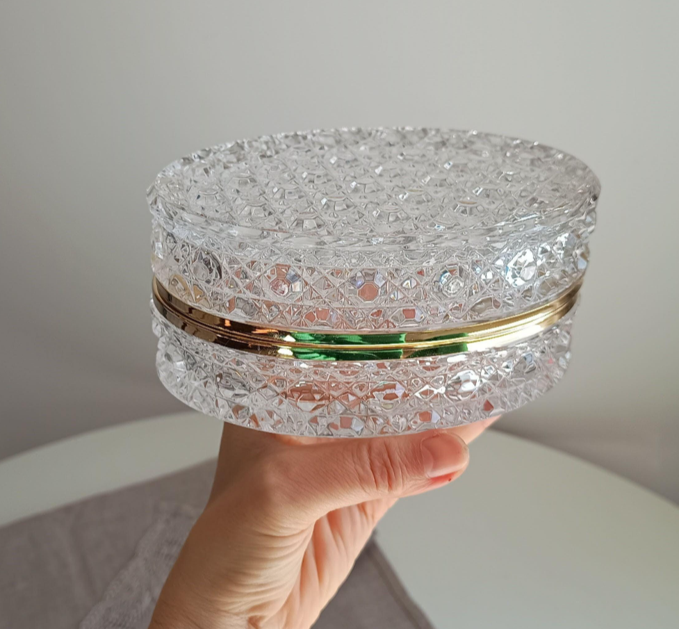 Good Quality Vintage French Cut Lead Glass and Brass Jewellery Box Baccarat Style Diamants Pierreries
