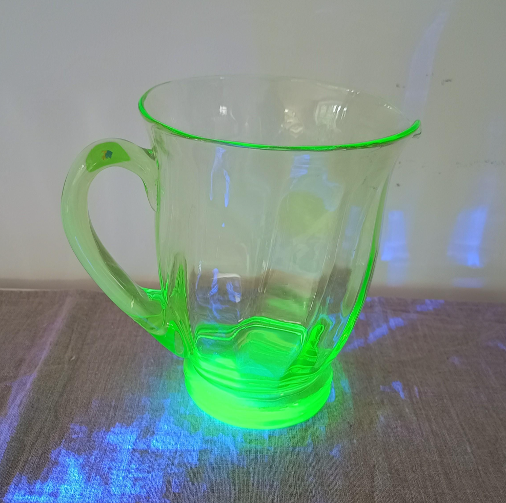Genuine Vintage English Art Deco Blown Uranium Optic Glass Lemonade / Juice Jug / Pitcher With Handle, 1930s