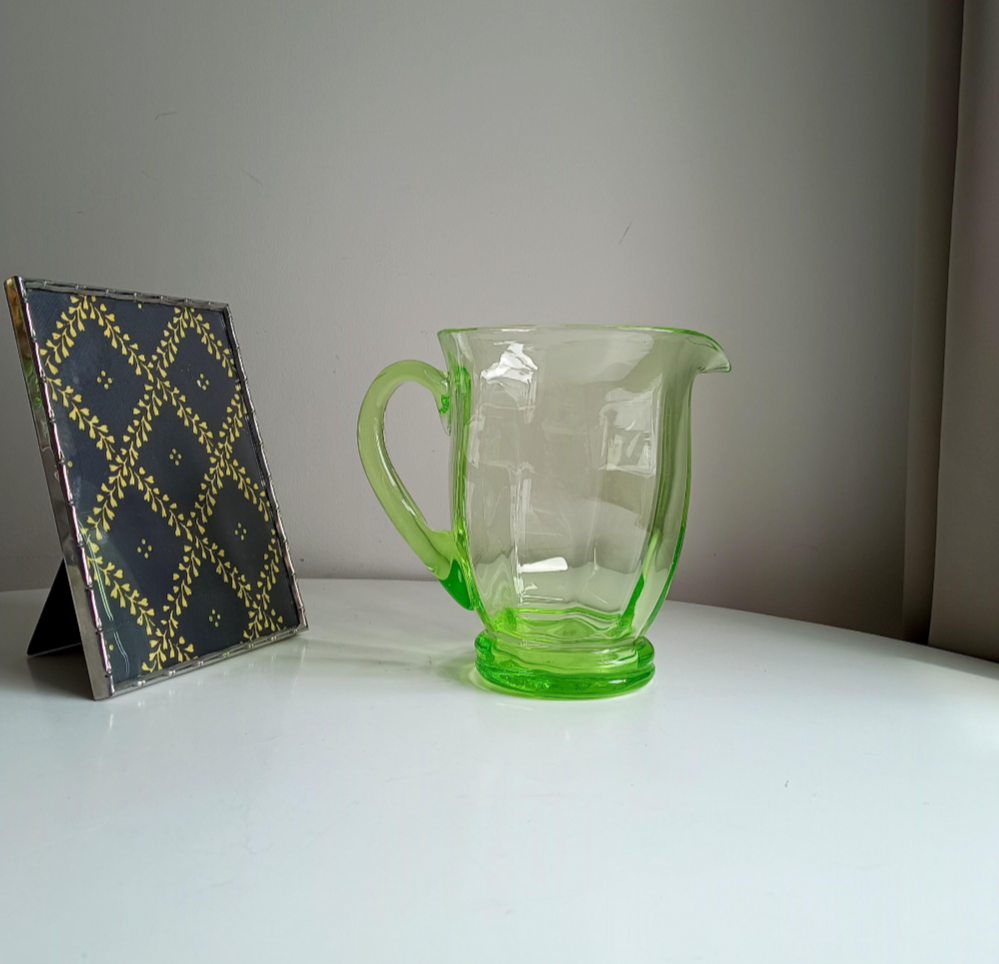 Genuine Vintage English Art Deco Blown Uranium Optic Glass Lemonade / Juice Jug / Pitcher With Handle, 1930s