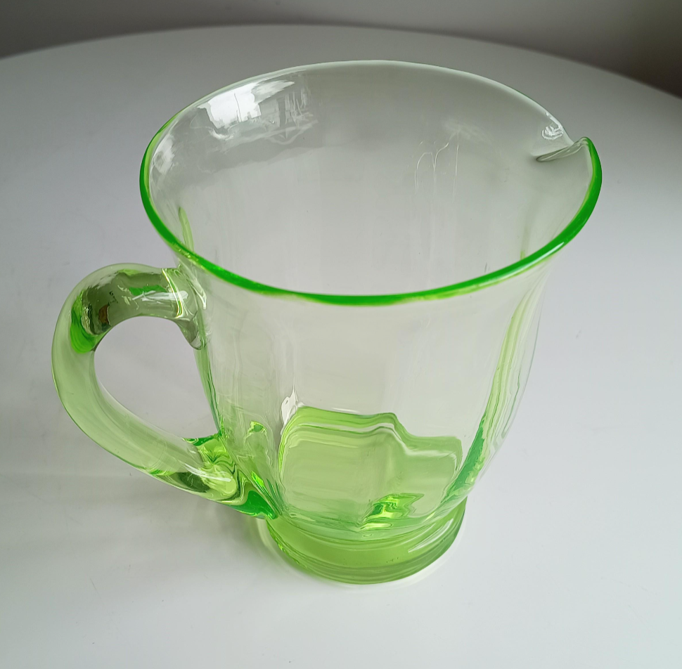 Genuine Vintage English Art Deco Blown Uranium Optic Glass Lemonade / Juice Jug / Pitcher With Handle, 1930s
