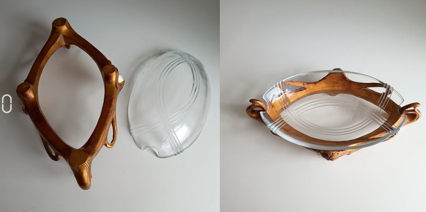 Art Nouveau Jugendstil Revival: Gilt Resin Base & Molded Glass Large Centrepiece Bowl