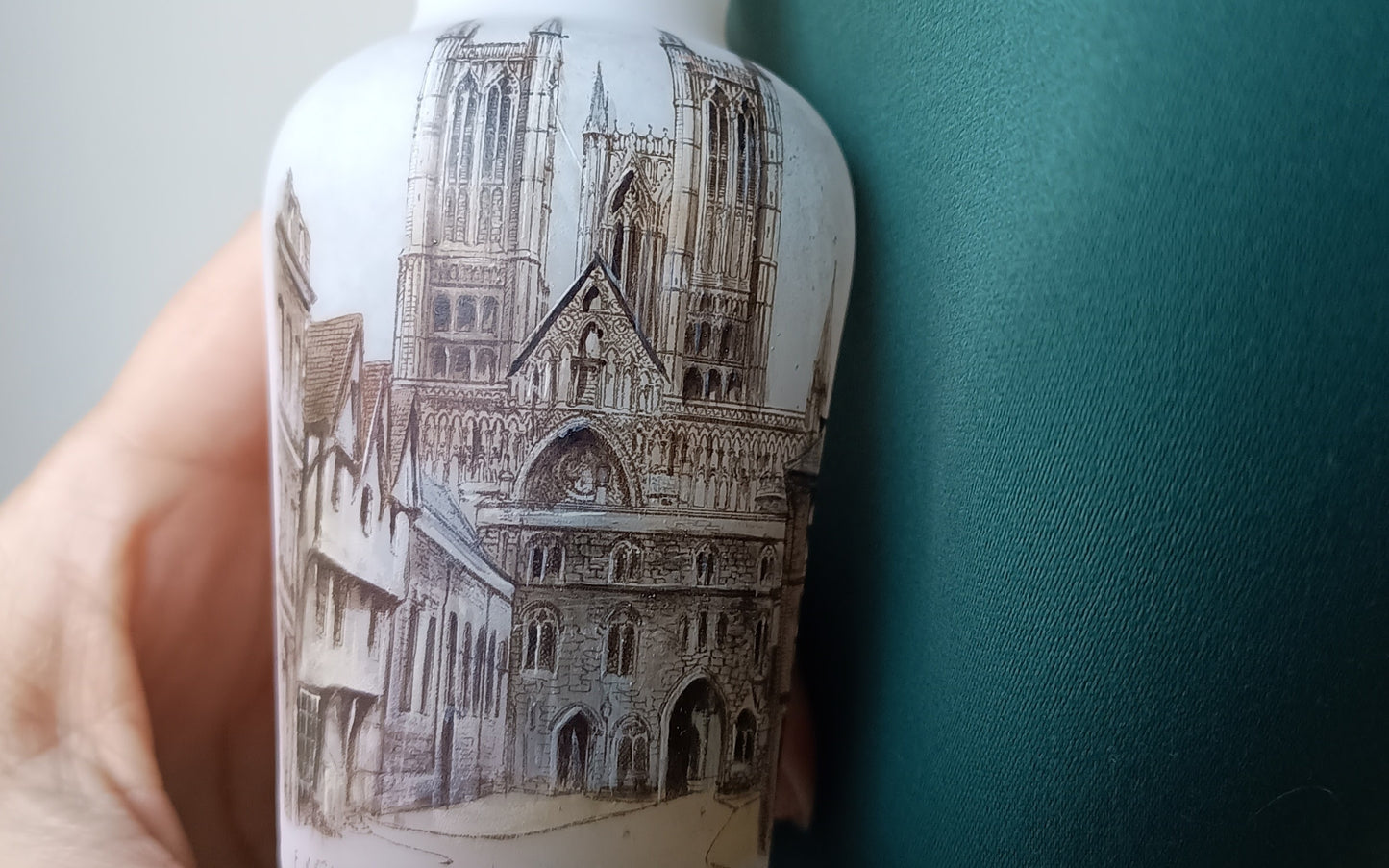 Victorian White Opaline Glass Souvenir Vase – Lincoln Cathedral Sepia Transfer, c.1890