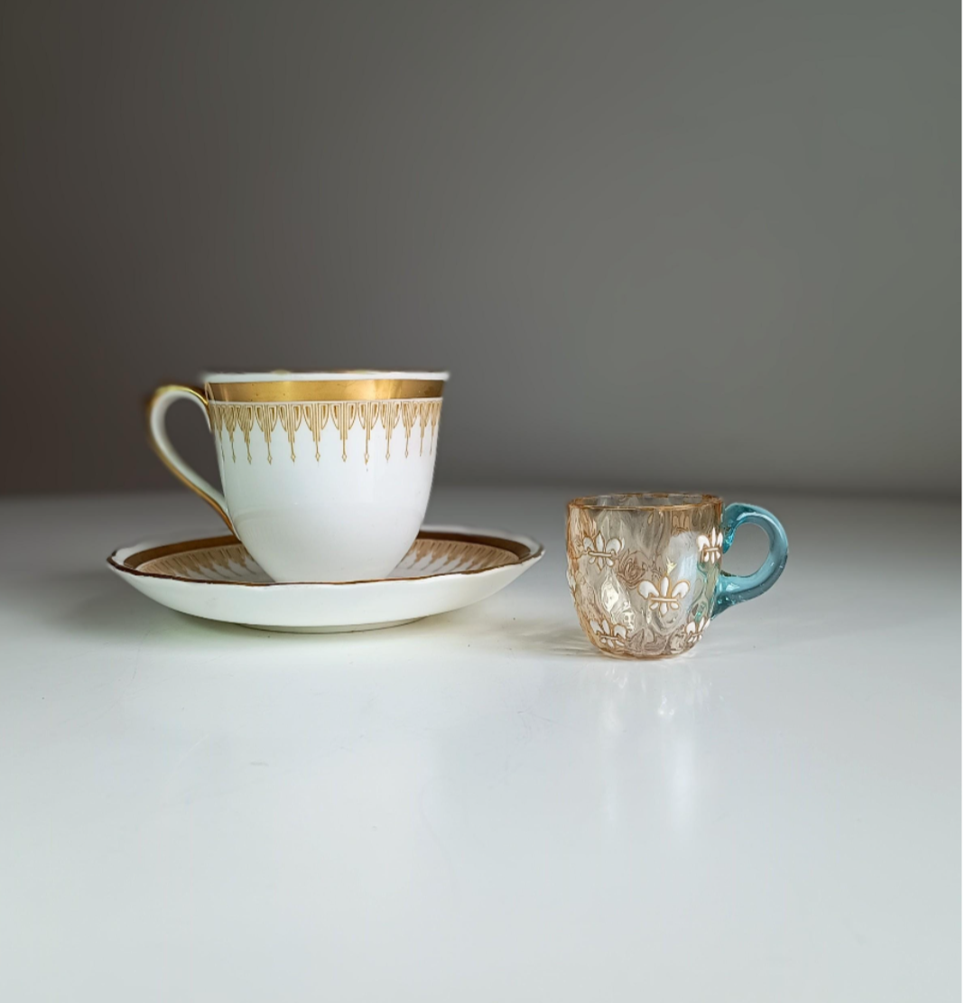 Vintage Miniature Liqueur Glass: Pantin France, Fleur-de-lis Paste Enamel, Art Nouveau