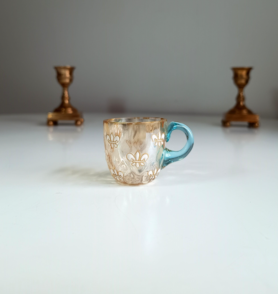 Vintage Miniature Liqueur Glass: Pantin France, Fleur-de-lis Paste Enamel, Art Nouveau