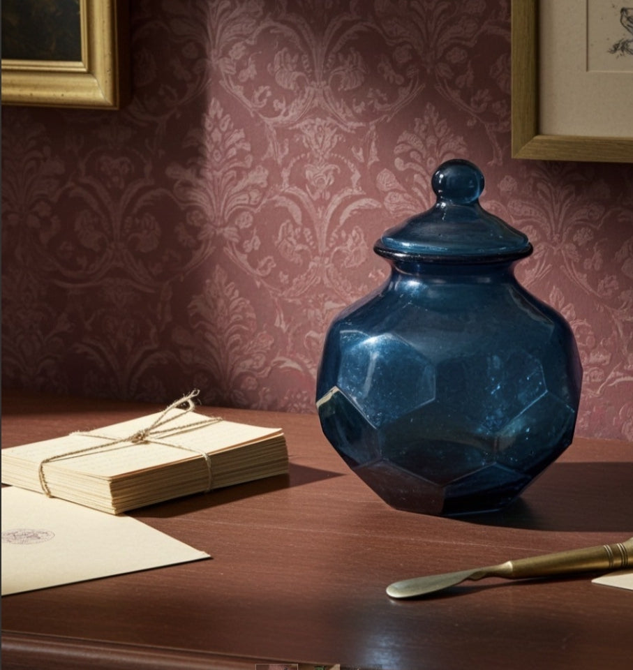 Art Nouveau Era Lidded Glass Candy Jar, Dark Blue-Green, Honeycomb Design, 1900s