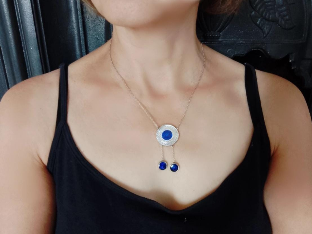 Art Deco Sterling Silver Enamel Necklace: Royal Blue Guilloche Enamel Glass Drops