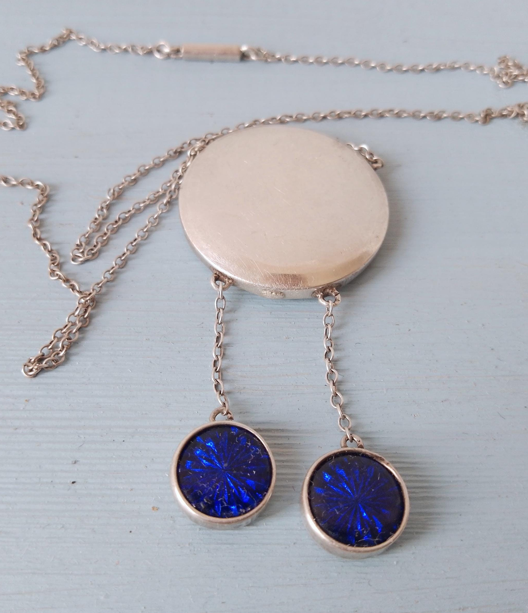 Art Deco Sterling Silver Enamel Necklace: Royal Blue Guilloche Enamel Glass Drops